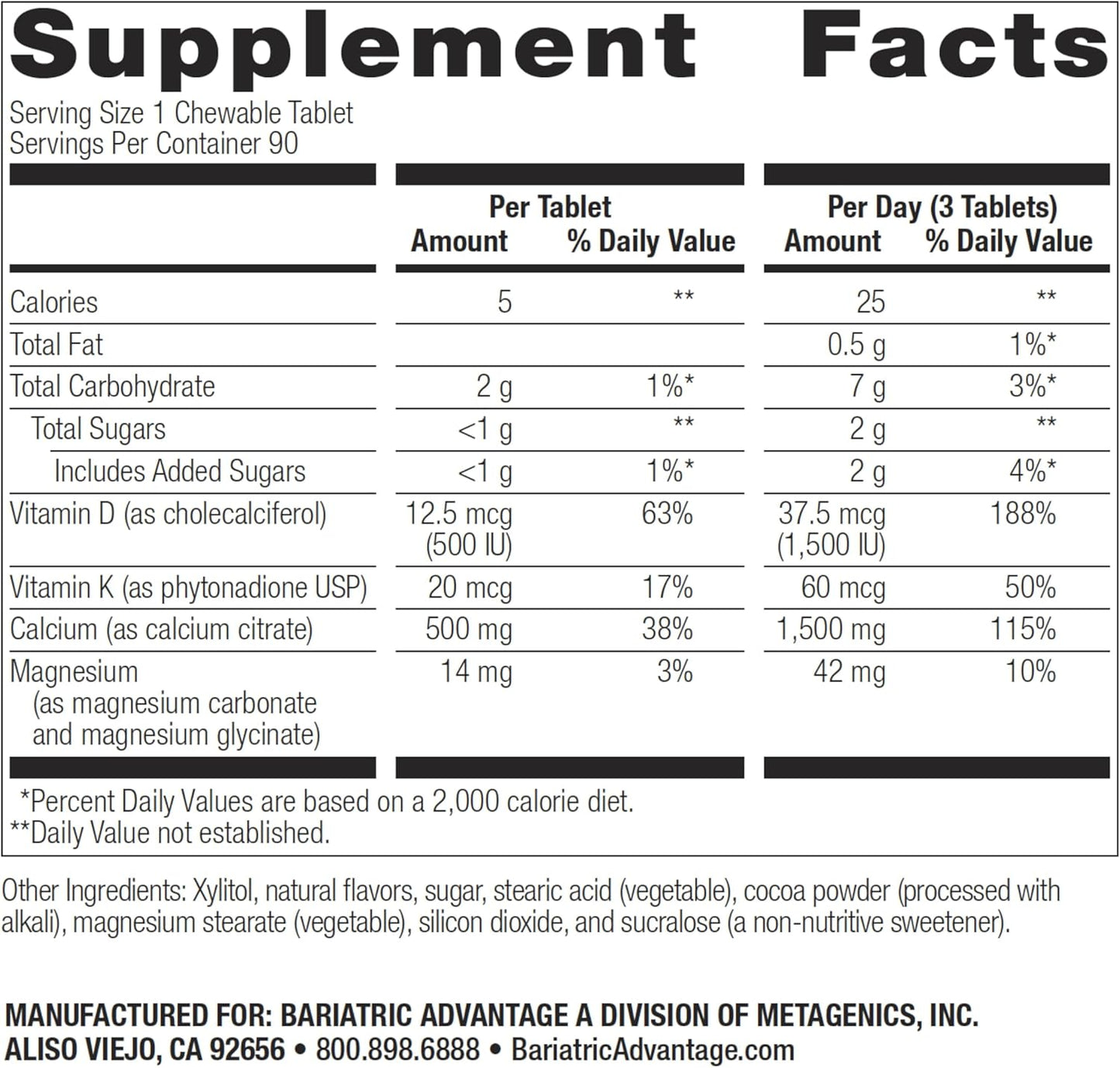 High-Potency Bariatric Advantage Calcium Citrate Chewables - 500 mg Tablets for Bone Health - 90 Count - Chocolate Flavor