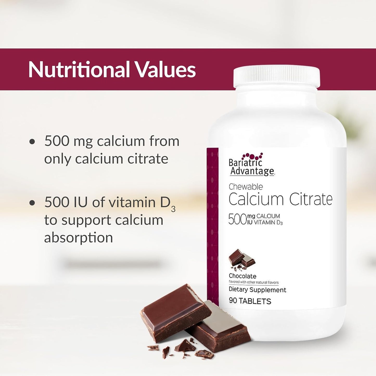High-Potency Bariatric Advantage Calcium Citrate Chewables - 500 mg Tablets for Bone Health - 90 Count - Chocolate Flavor