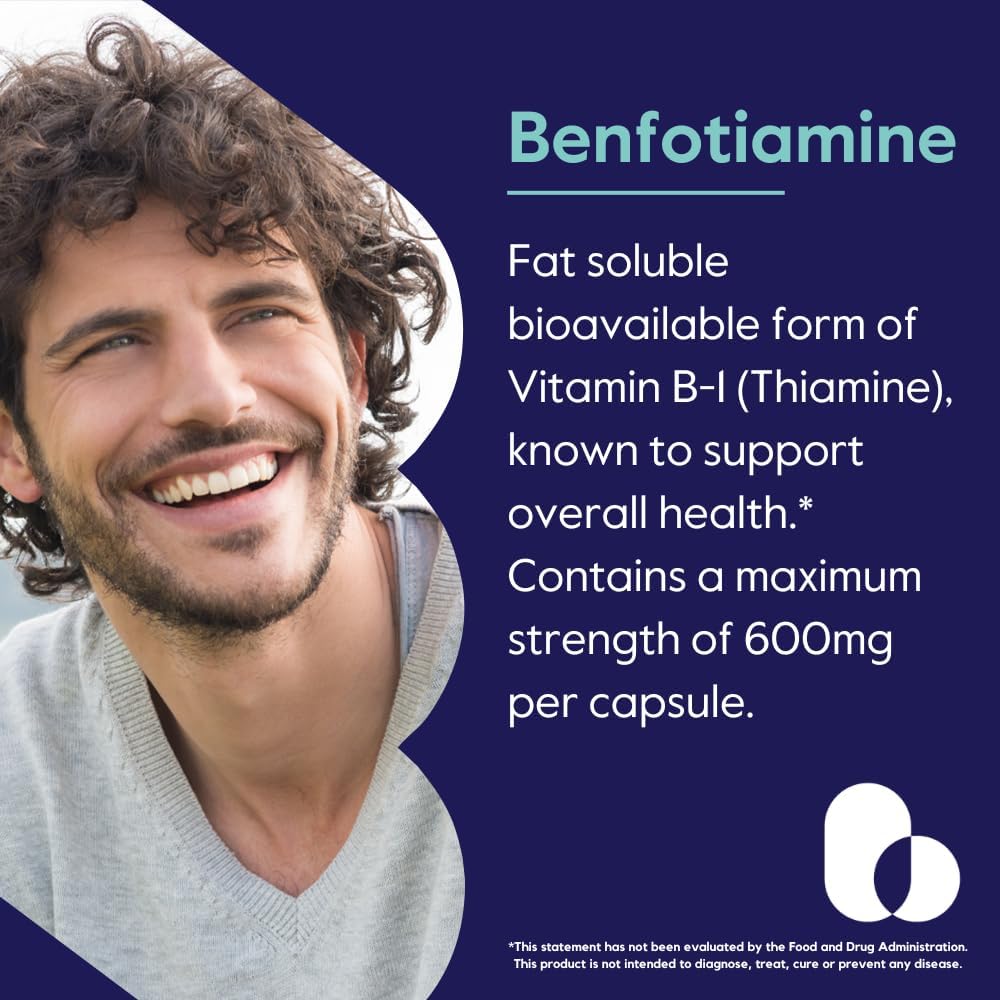 High Potency Benfotiamine 600mg - 120 Vegetarian Capsules (60x2) - No Stearates, Silicon Dioxide - Vegan, Non GMO, Gluten Free