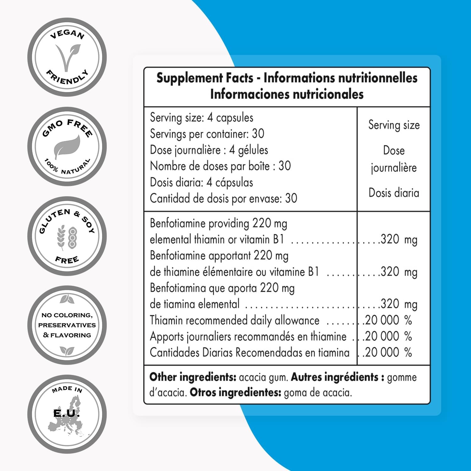 High Potency Benfotiamine Supplement - 320mg per Day - Bioavailable Thiamine - Non-GMO & Gluten Free - 120 Vegetarian Capsules