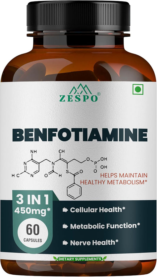 High Potency Benfotiamine Supplement Capsules - 60 Count for Cellular Function - 450mg Vitamin B1 - Vegan, Non-GMO, Gluten Free - Supports Unisex Adults