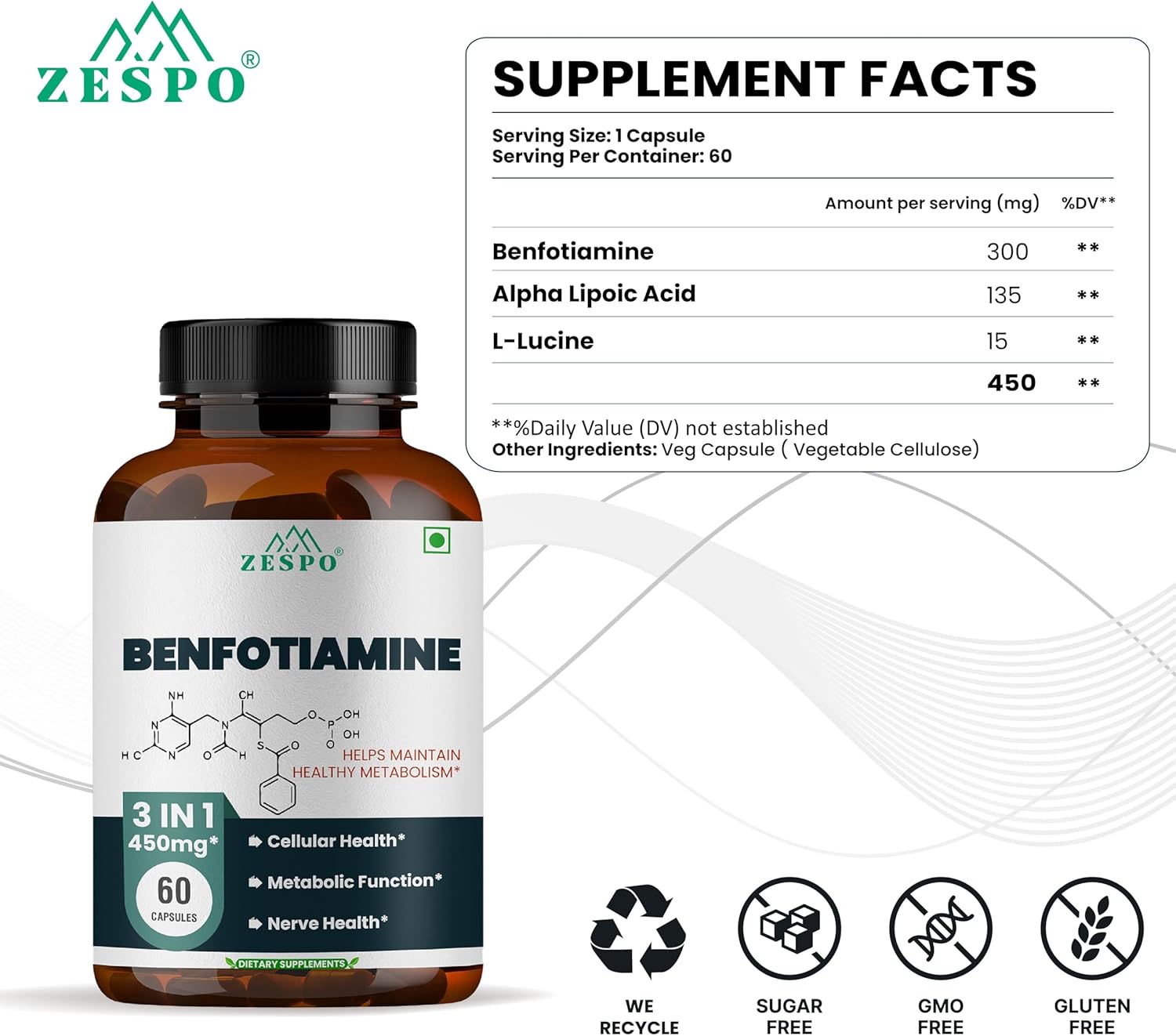 High Potency Benfotiamine Supplement Capsules - 60 Count for Cellular Function - 450mg Vitamin B1 - Vegan, Non-GMO, Gluten Free - Supports Unisex Adults