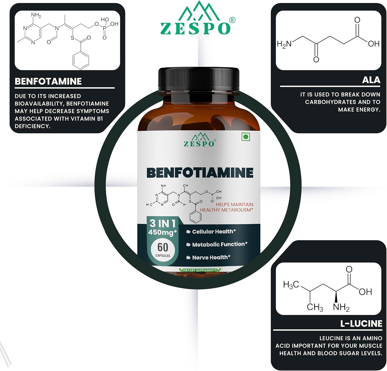 High Potency Benfotiamine Supplement Capsules - 60 Count for Cellular Function - 450mg Vitamin B1 - Vegan, Non-GMO, Gluten Free - Supports Unisex Adults