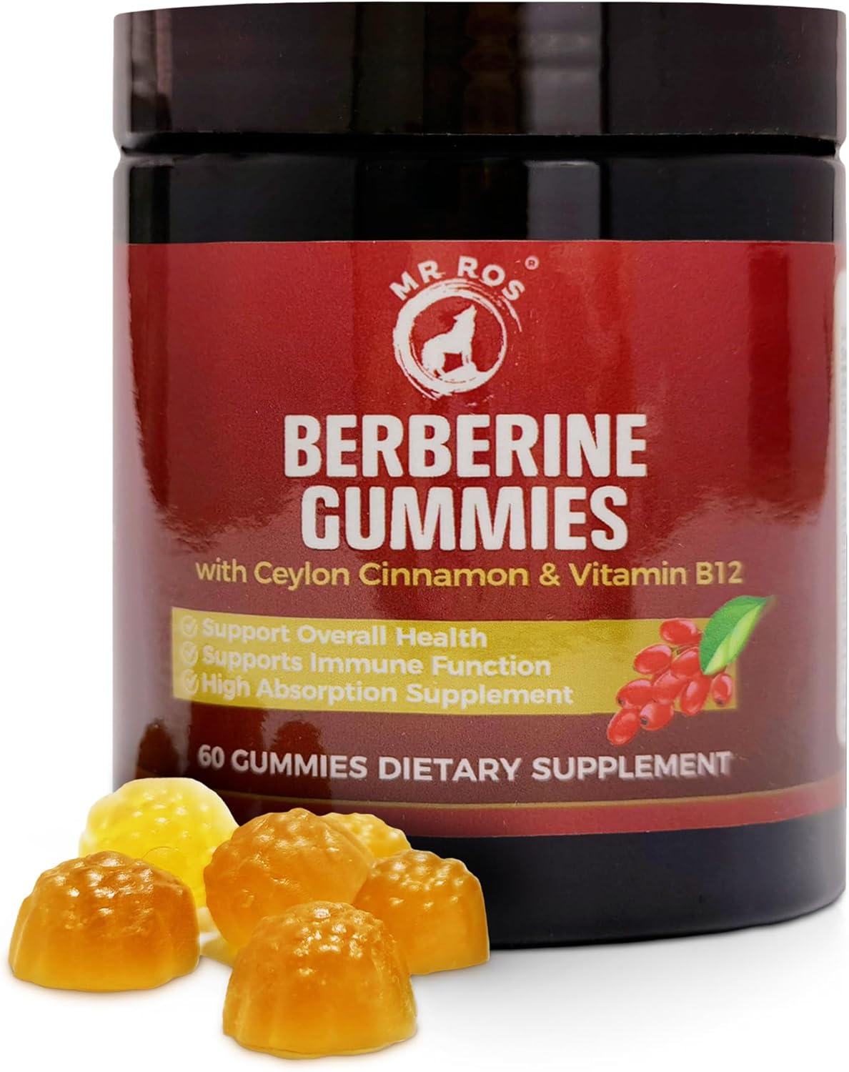 High-Potency Berberine Gummies - Sugar-Free Metabolism Support with Ceylon Cinnamon, Chromium, Magnesium, Zinc, and B12 - 60 Count