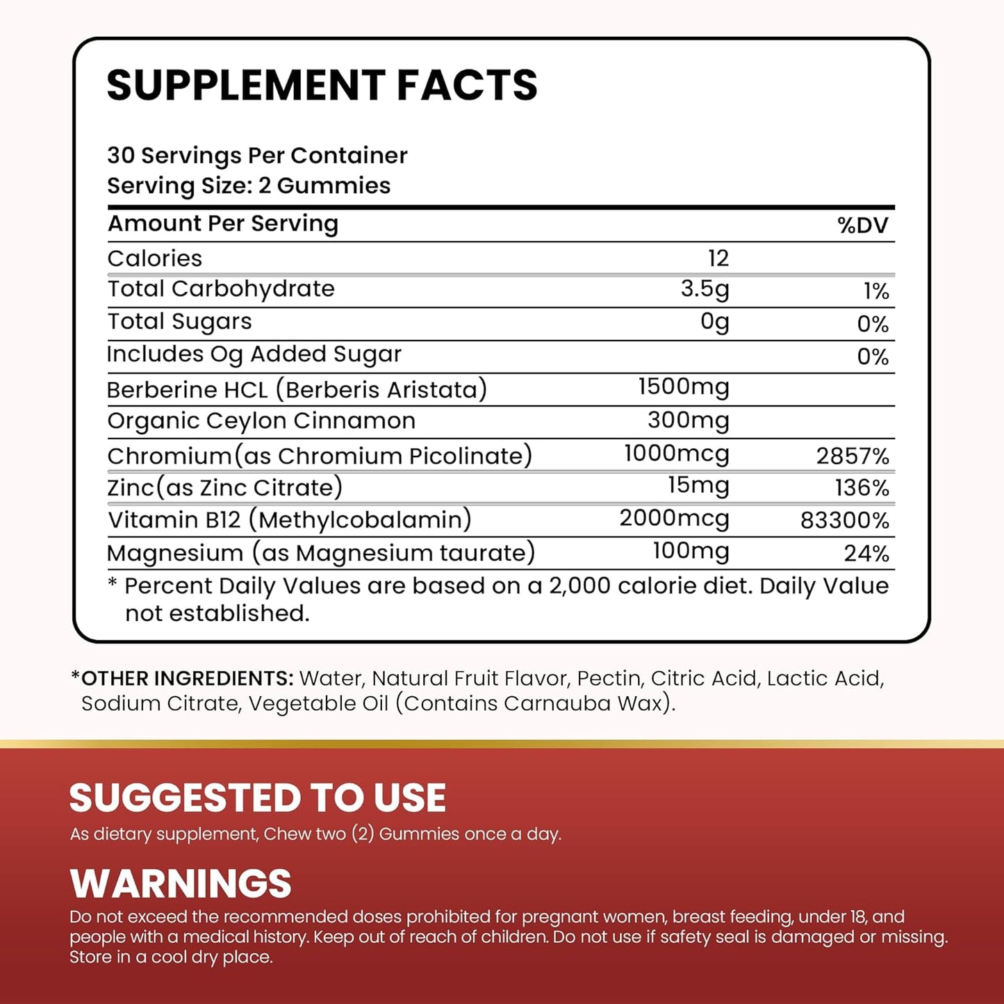 High-Potency Berberine Gummies - Sugar-Free Metabolism Support with Ceylon Cinnamon, Chromium, Magnesium, Zinc, and B12 - 60 Count