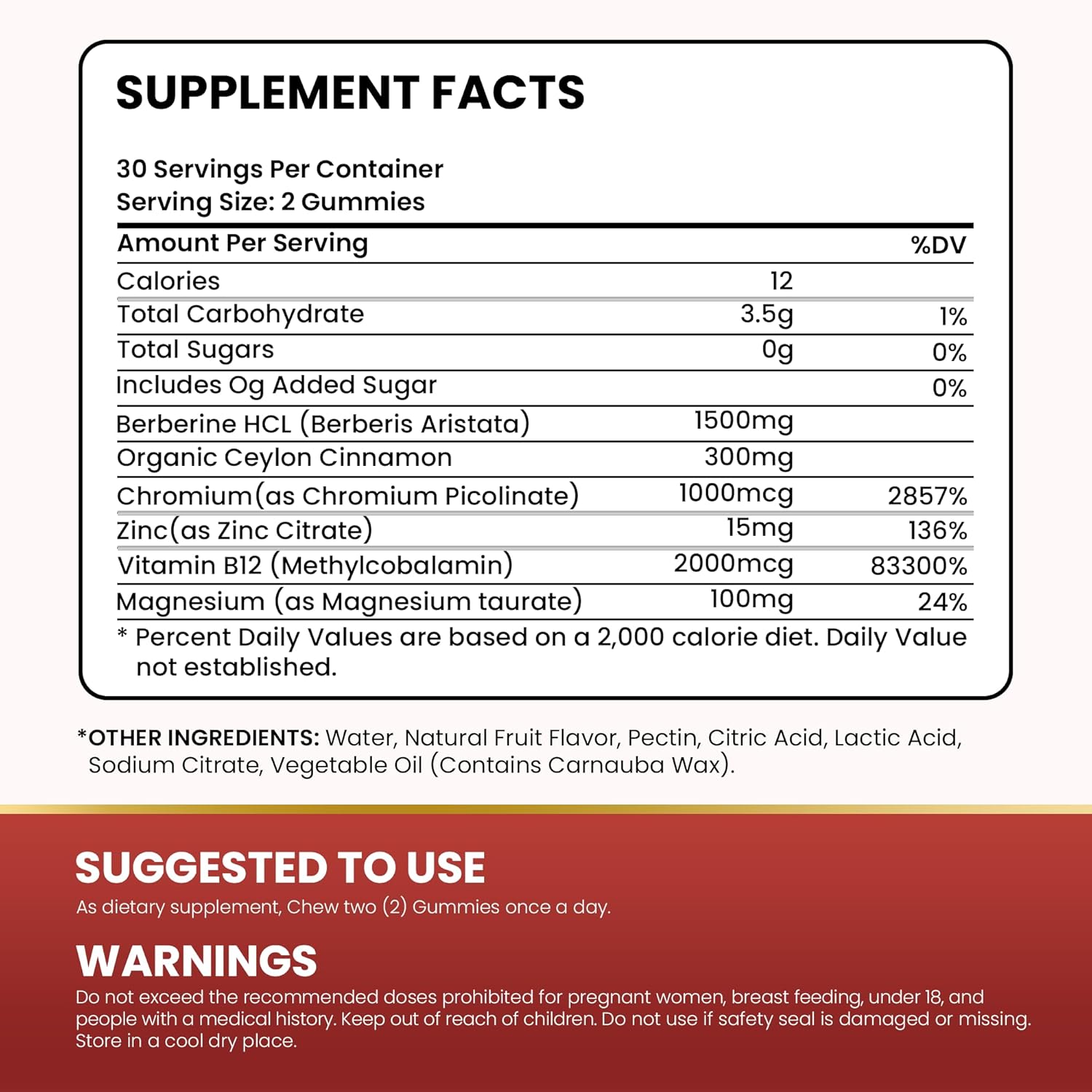 High-Potency Berberine Gummies - Sugar-Free Metabolism Support with Ceylon Cinnamon, Chromium, Magnesium, Zinc, and B12 - 60 Count
