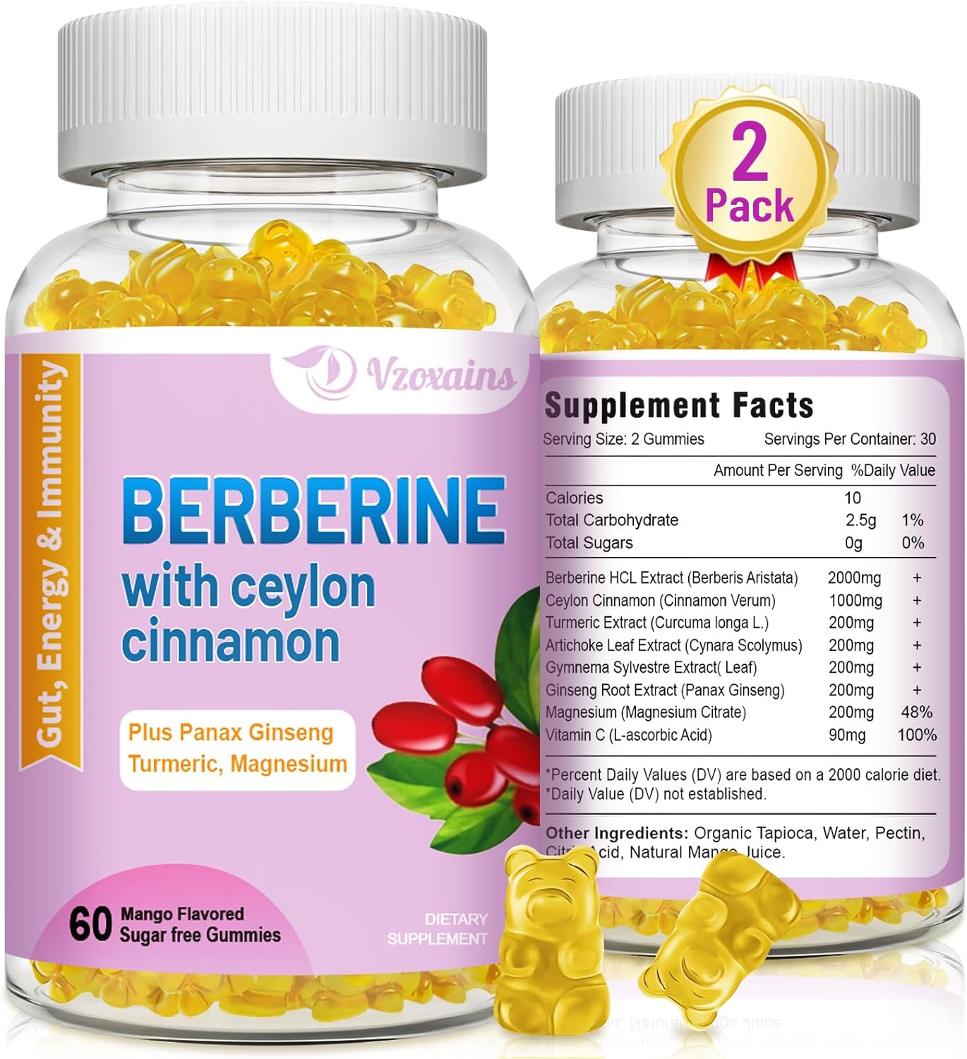 High Potency Berberine HCI Gummies with Ceylon Cinnamon for Immune Health Support - 120 Mango Flavored Gummies