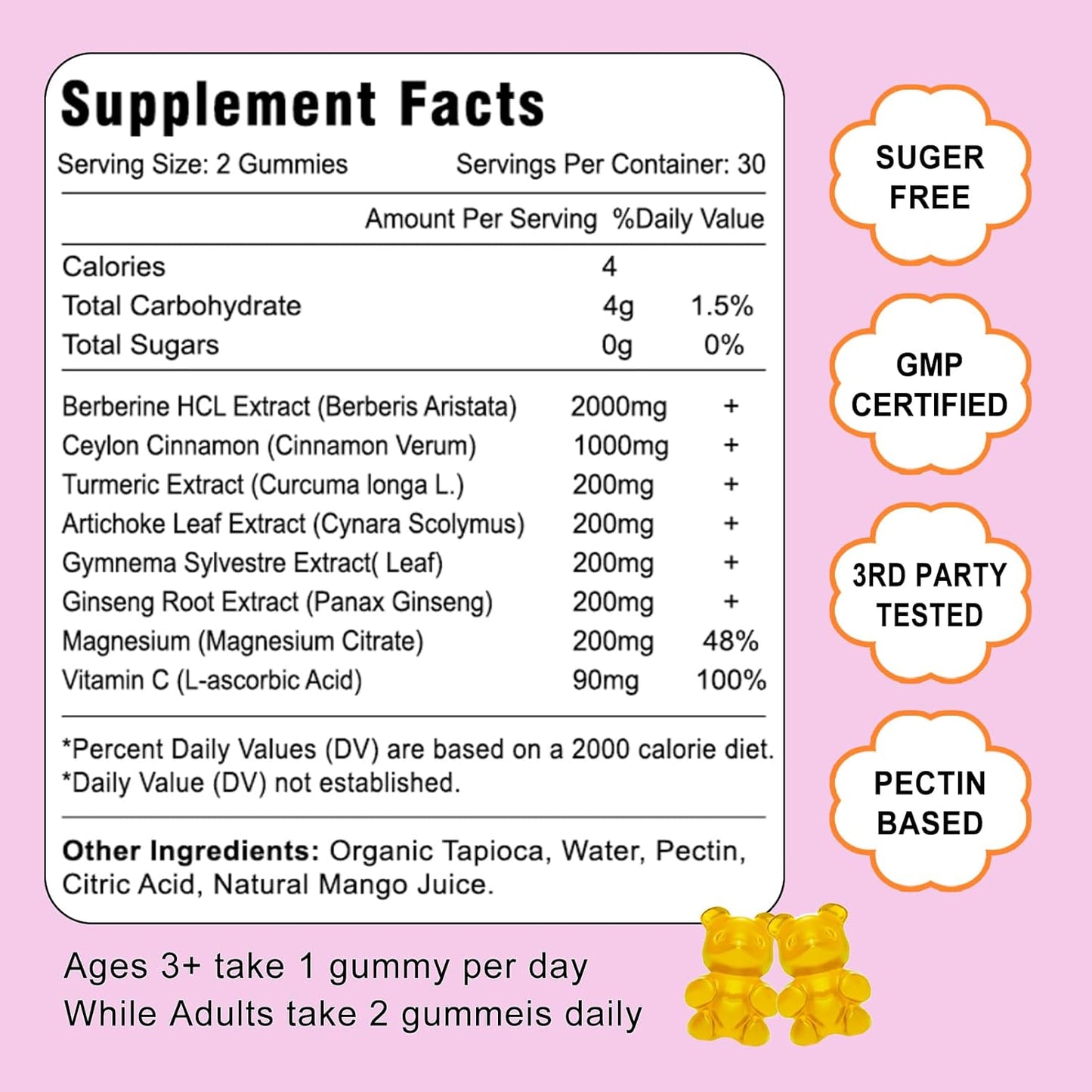 High Potency Berberine HCI Gummies with Ceylon Cinnamon for Immune Health Support - 120 Mango Flavored Gummies