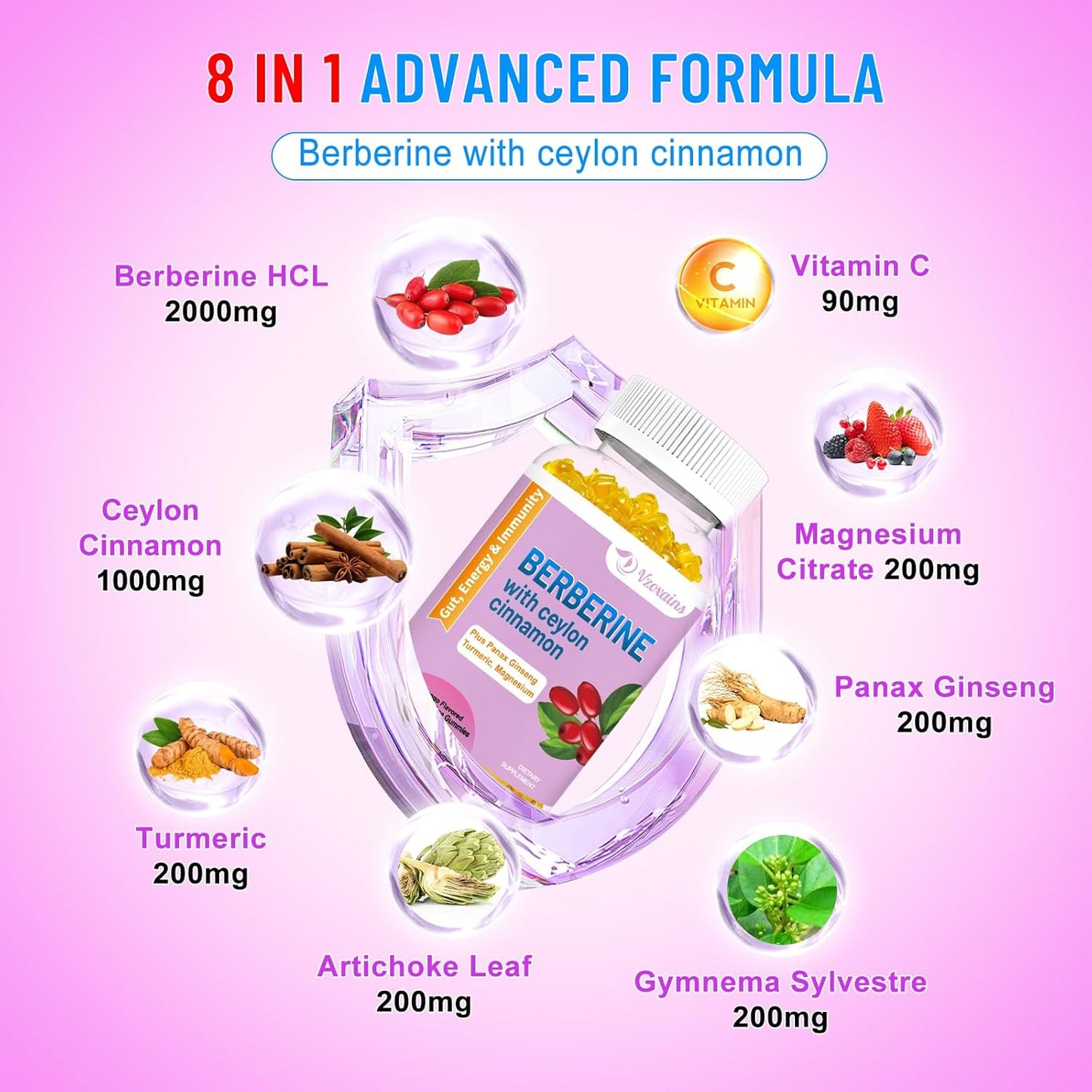 High Potency Berberine HCI Gummies with Ceylon Cinnamon for Immune Health Support - 120 Mango Flavored Gummies