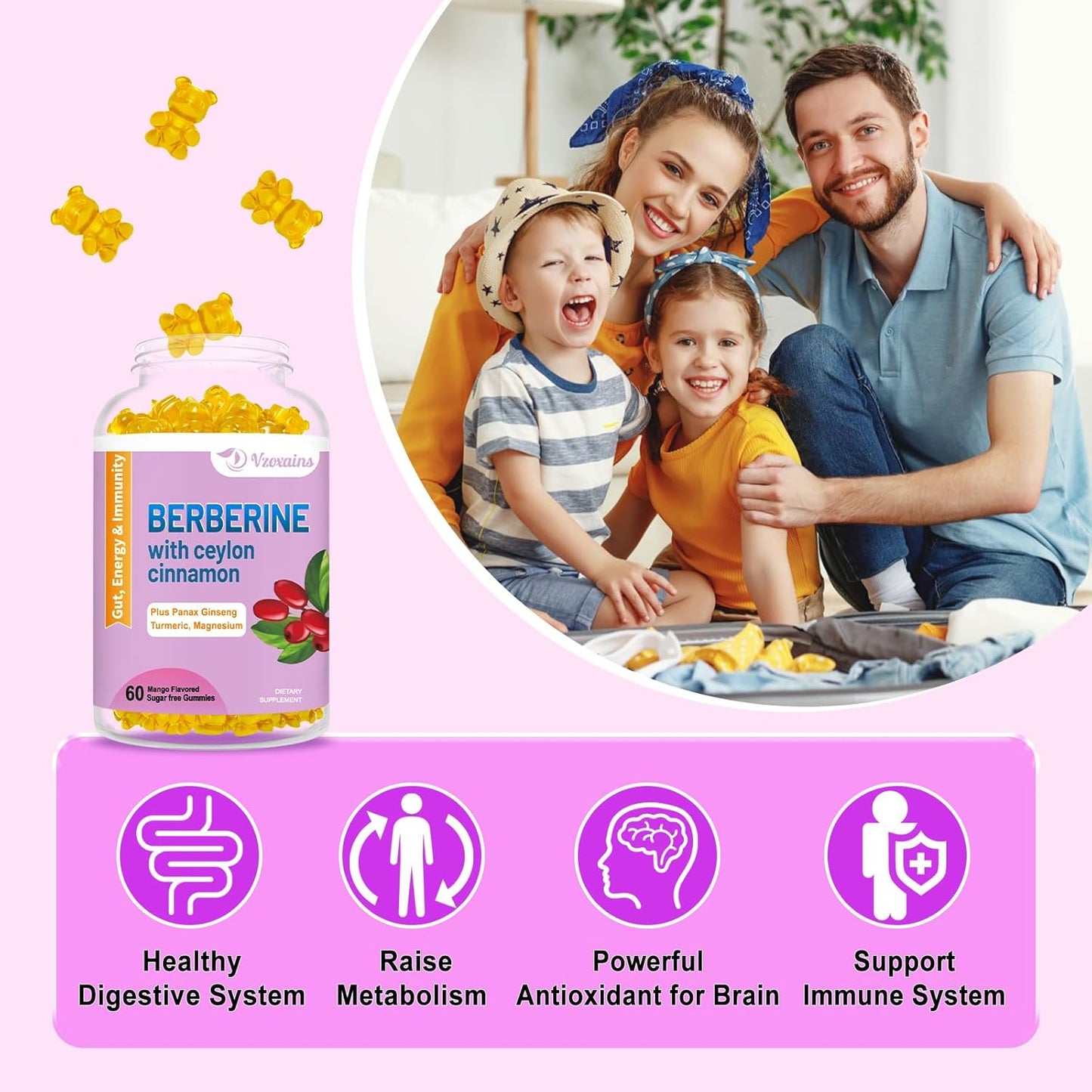 High Potency Berberine HCI Gummies with Ceylon Cinnamon for Immune Health Support - 120 Mango Flavored Gummies