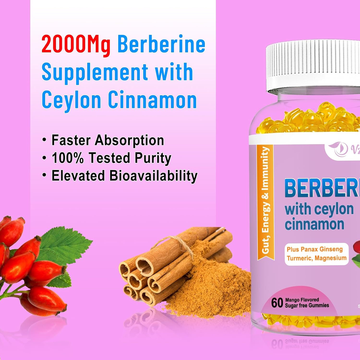 High Potency Berberine HCI Gummies with Ceylon Cinnamon for Immune Health Support - 120 Mango Flavored Gummies