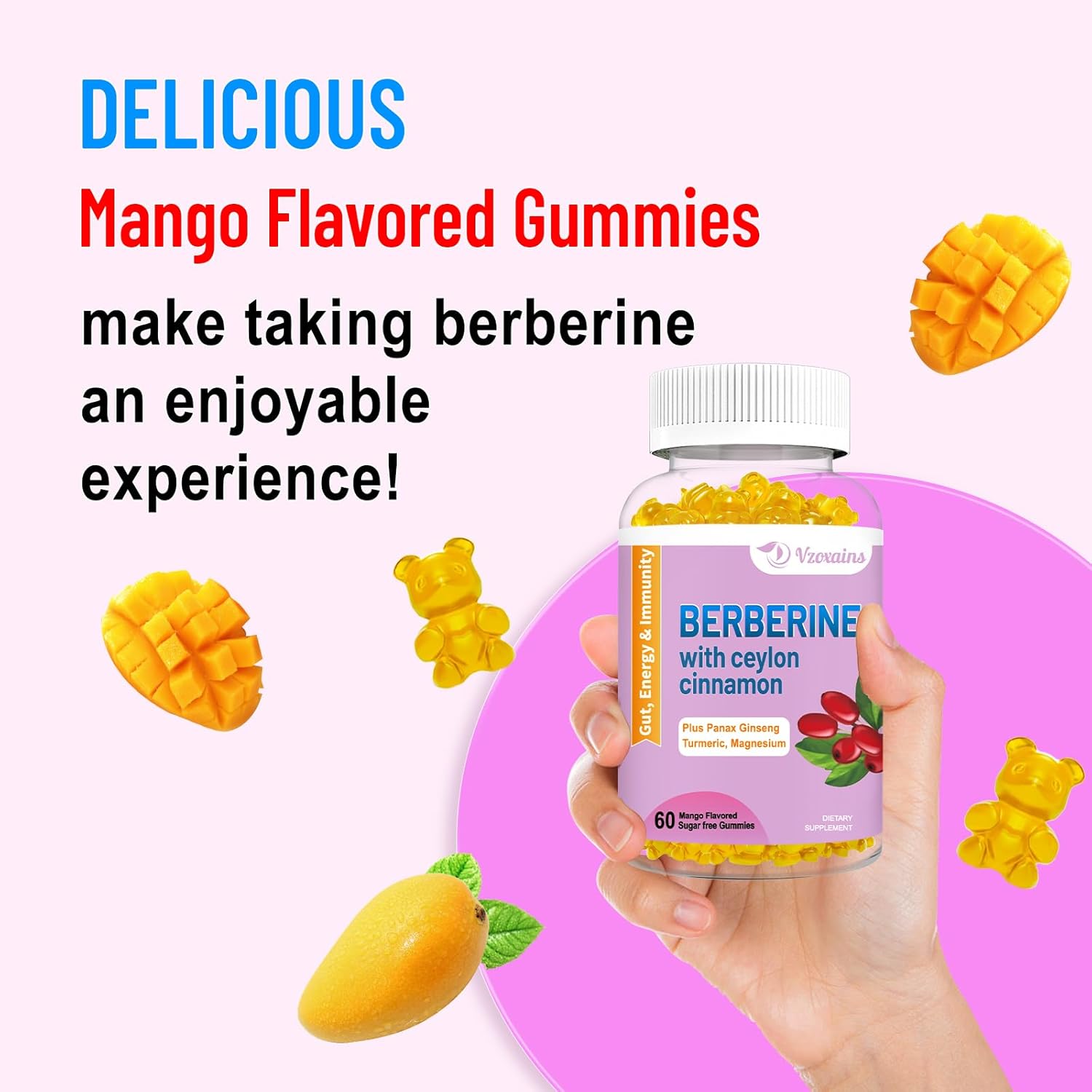 High Potency Berberine HCI Gummies with Ceylon Cinnamon for Immune Health Support - 120 Mango Flavored Gummies