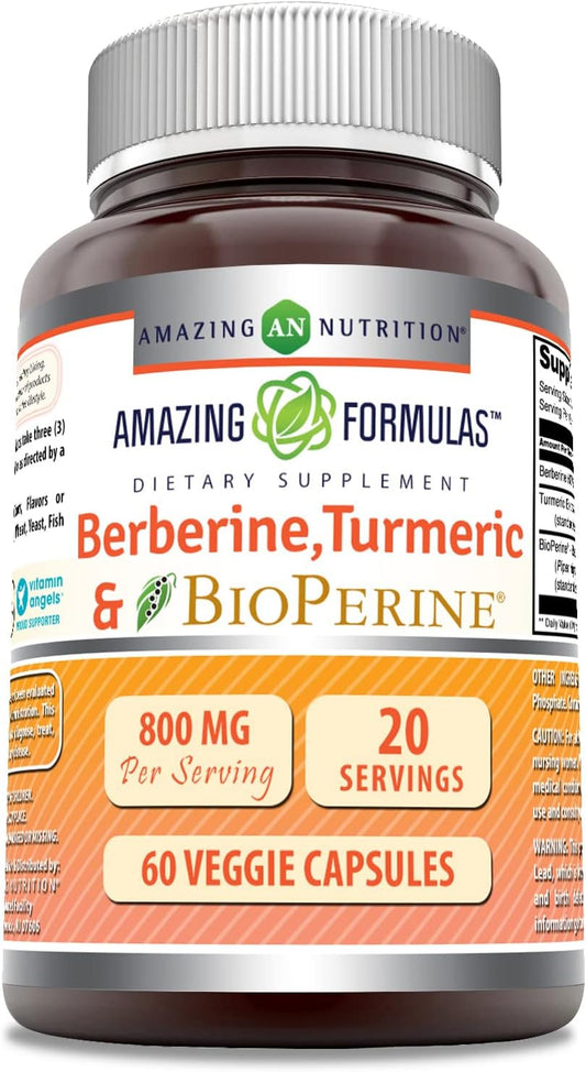 High Potency Berberine Turmeric & Bioperine Supplement 800mg - 60 Veg Caps - Non GMO, Gluten Free - Made in USA - Ideal for Vegetarians