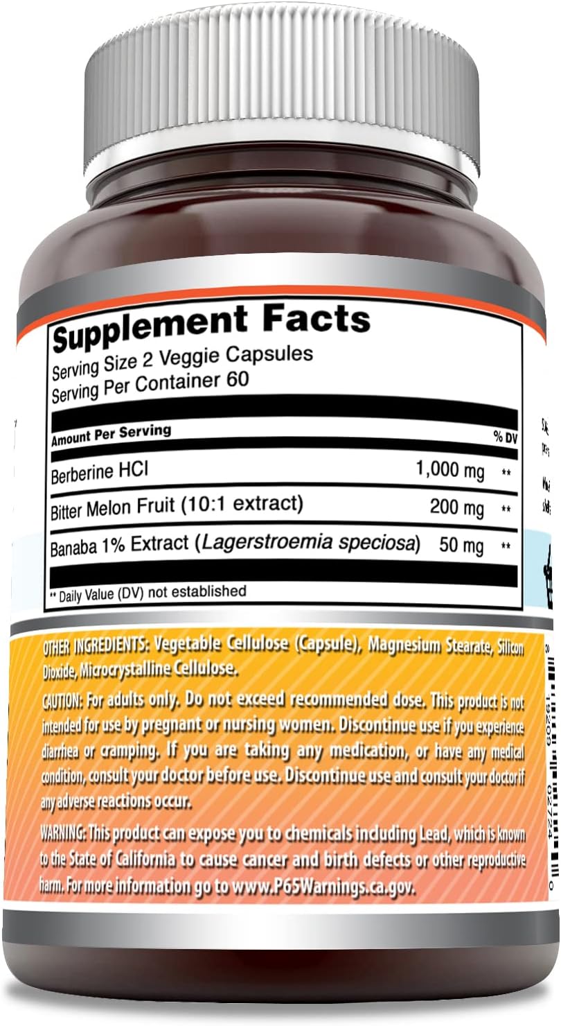 High Potency Berberine with Bitter Melon & Banaba Extract Complex - 1250 Mg, 120 Veggie Capsules - Non-GMO, Gluten-Free - Made in USA