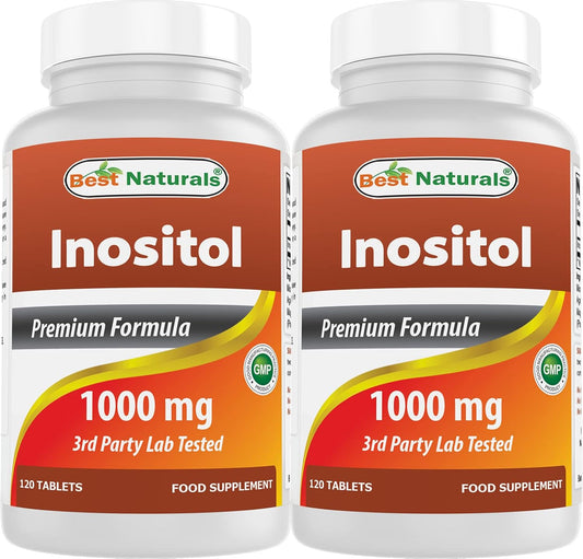 High Potency Best Naturals Inositol 1000 mg Tablets - 120 Count Pack of 1 & 2 - Stress & Anxiety Support Supplement