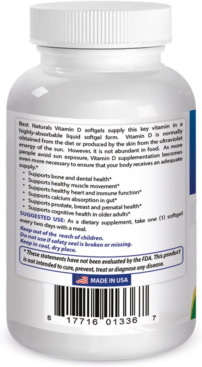 High Potency Best Naturals Vitamin D3 10000 IU Softgel Supplement - 240 Count - BoostGo Australia