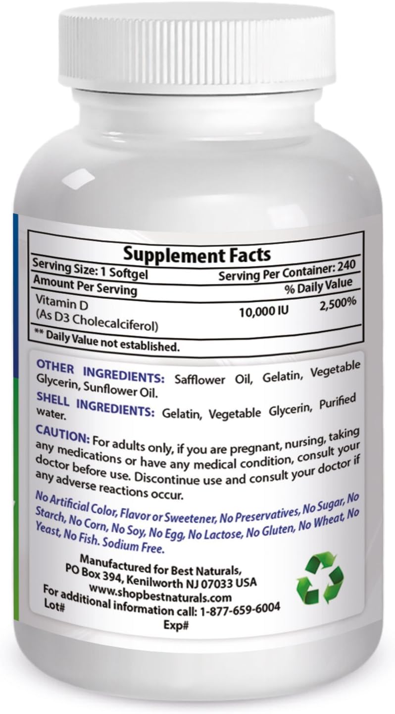 High Potency Best Naturals Vitamin D3 10000 IU Softgel Supplement - 240 Count - BoostGo Australia