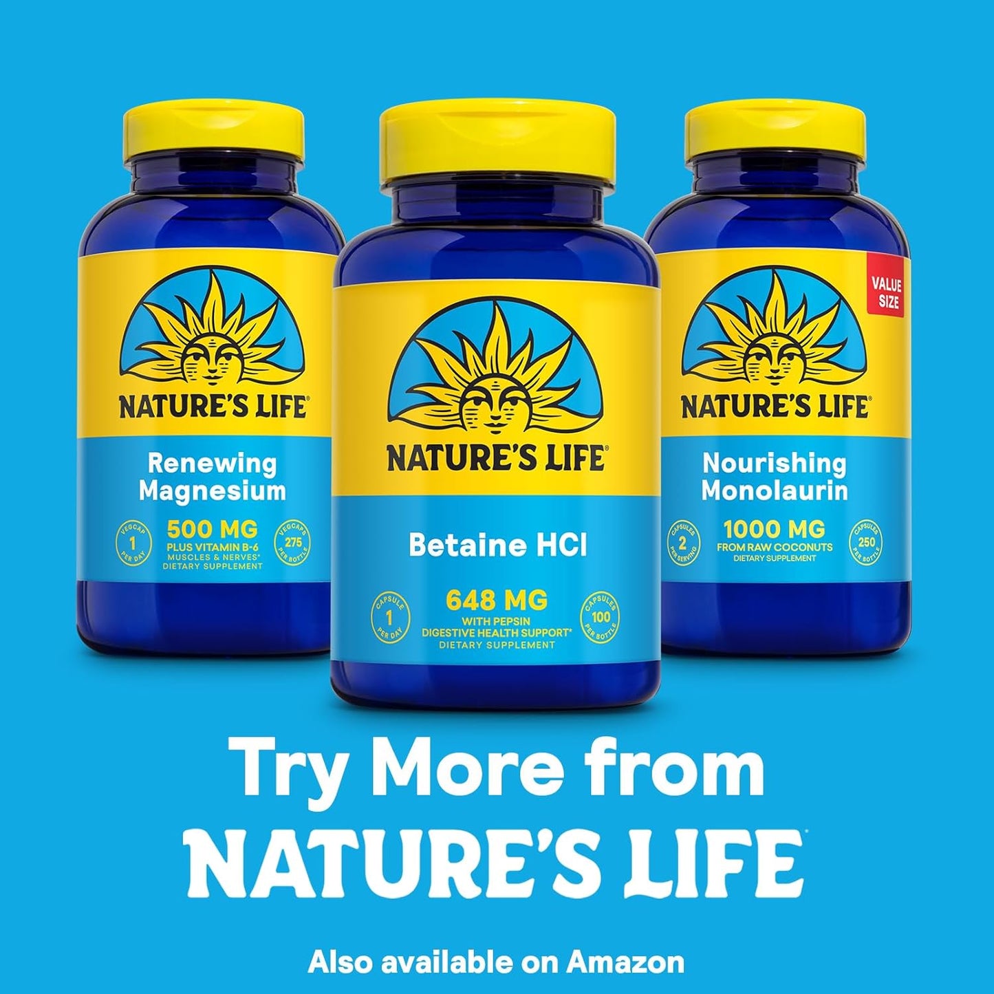 High Potency Betaine HCL with Pepsin Capsules - Digestive Enzymes for Gut Health Support - 100 Servings, 60-Day Guarantee - Nature's Life