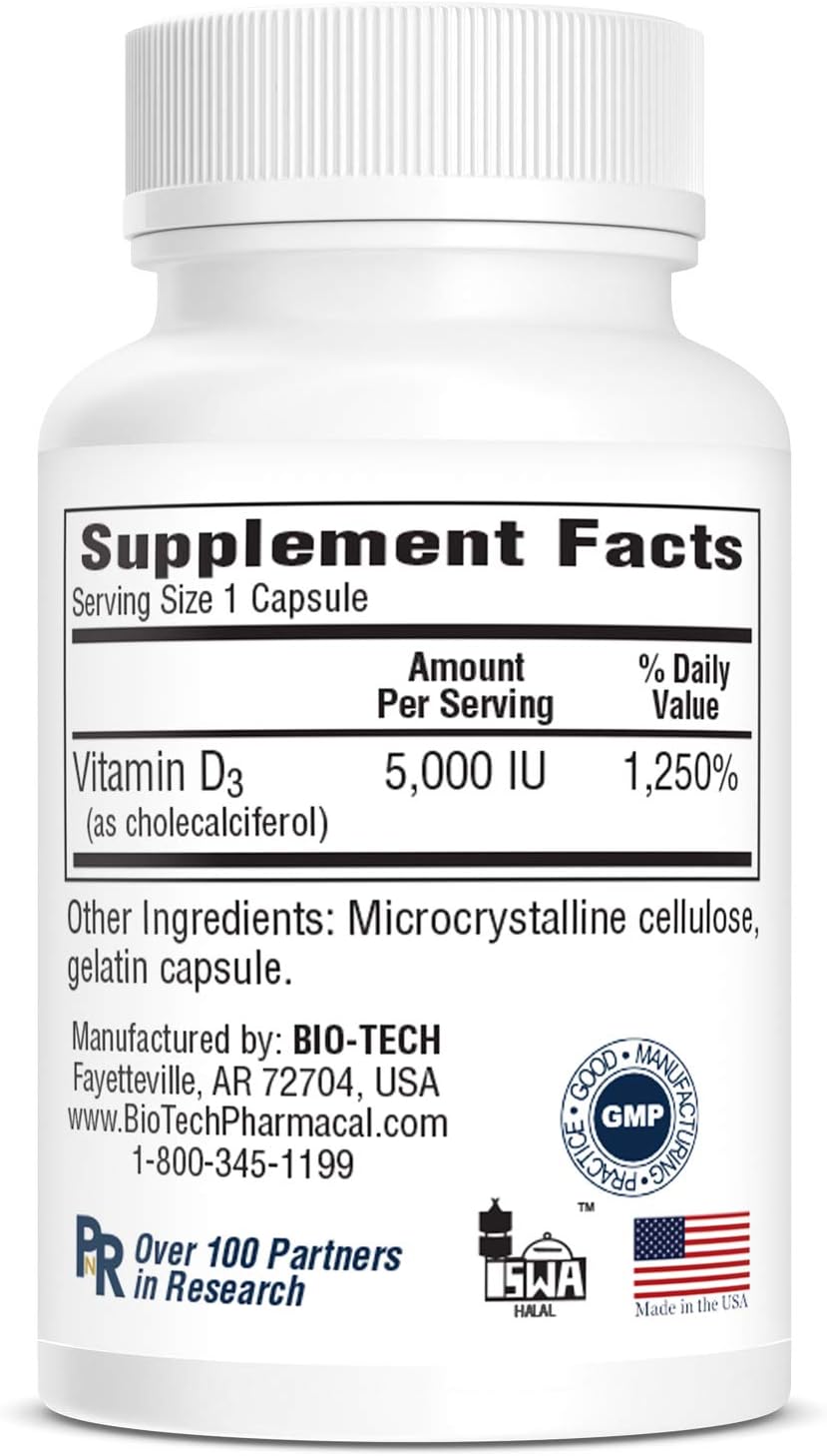 High-Potency Bio-Tech Pharmacal D3-5 Vitamin D3 (Cholecalciferol) Supplement - 5000 IU