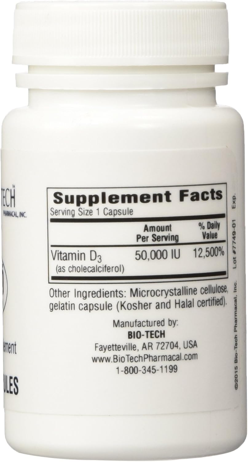 High-Potency Bio-Tech Pharmacal D3-50 (50,000 IU) Vitamin D3 Capsules - 100 Count (FFP)