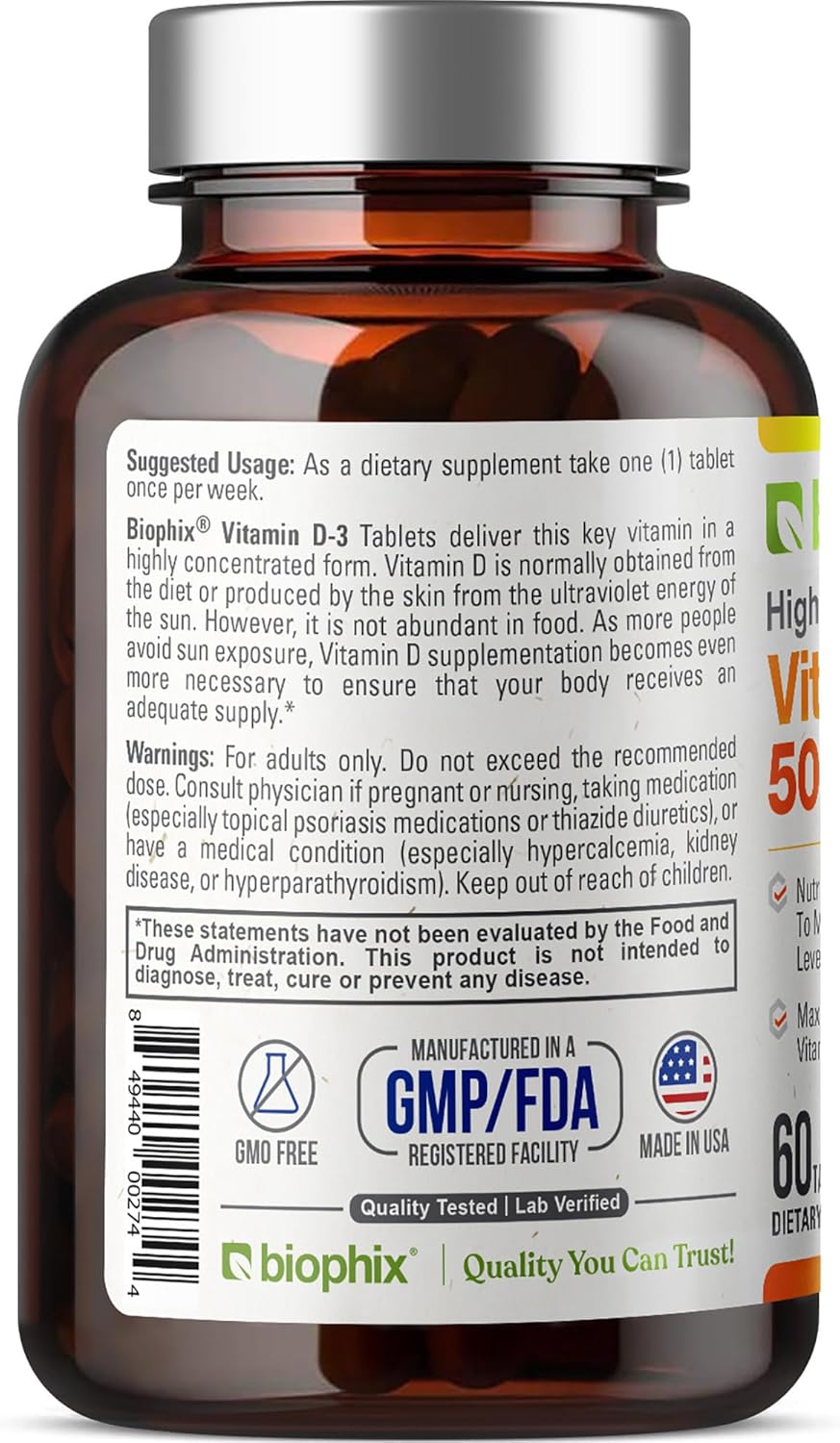 High-Potency Biophix Vitamin D-3 50000 IU Tablets for Strong Bones and Immune Health - 60 Count