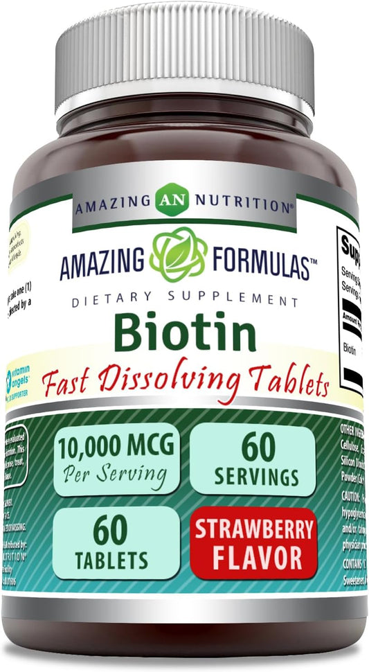 High Potency Biotin 10,000 mcg Fast Dissolve Tablets - Non-GMO, Gluten Free, Made in USA - Strawberry Flavor - 60 Count