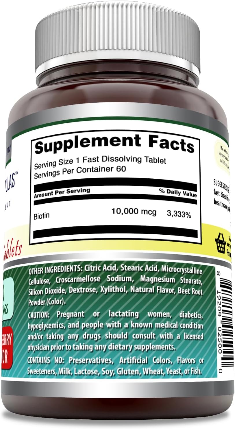 High Potency Biotin 10,000 mcg Fast Dissolve Tablets - Non-GMO, Gluten Free, Made in USA - Strawberry Flavor - 60 Count