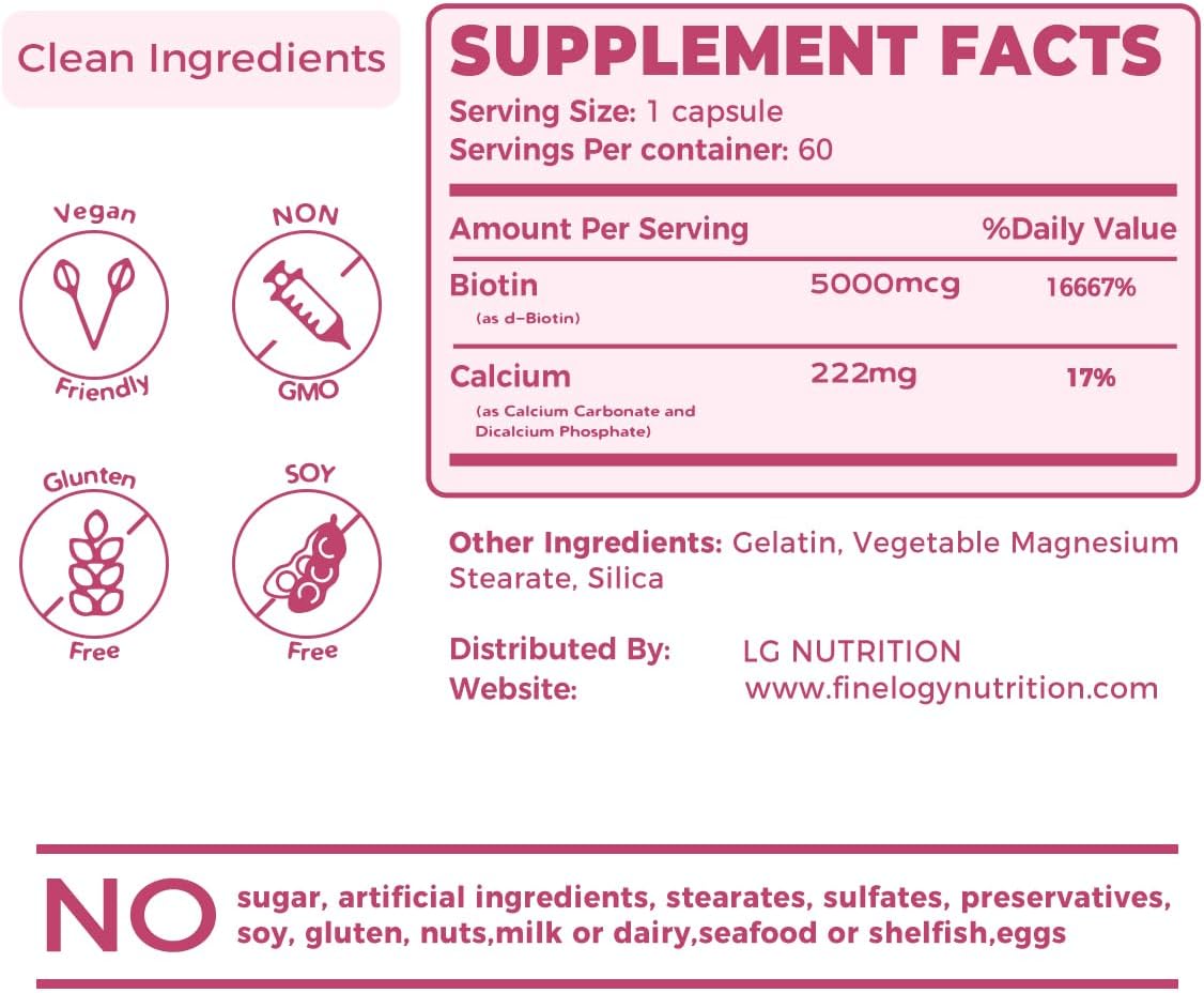 High-Potency Biotin 5000 MCG Supplement | 60 Capsules for Hair, Skin, Nails & Bones | Non-GMO & Gluten-Free | Extra Strength (2-Month Supply)