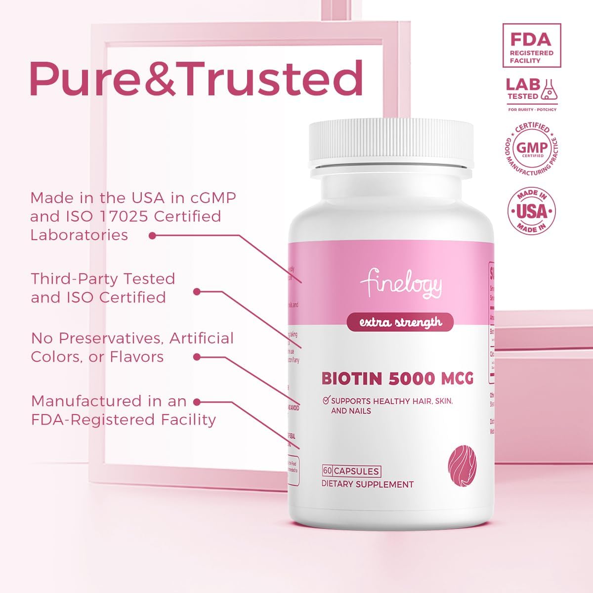 High-Potency Biotin 5000 MCG Supplement | 60 Capsules for Hair, Skin, Nails & Bones | Non-GMO & Gluten-Free | Extra Strength (2-Month Supply)