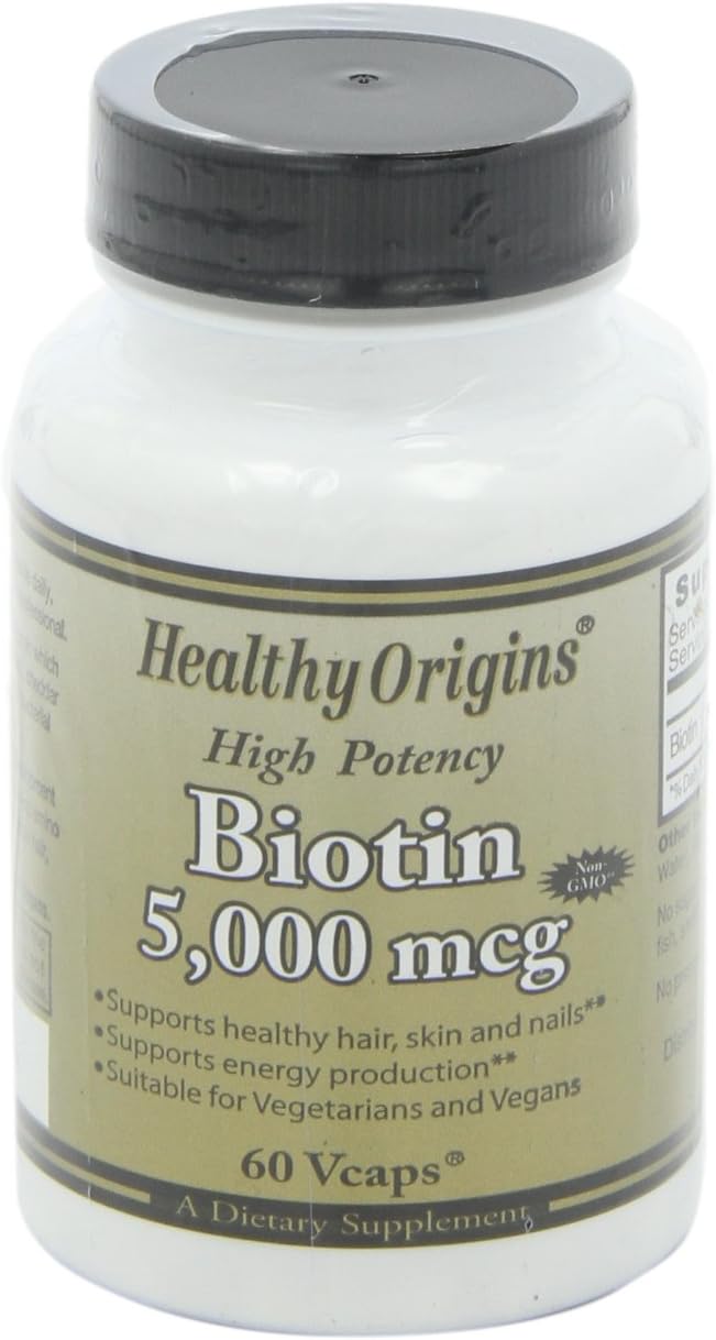 High-Potency Biotin (B7) 5,000 mcg Capsules for Skin, Hair & Nails - Non-GMO, Gluten-Free Vegan Formula - 60 Count