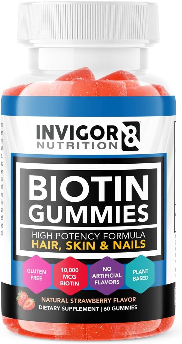 High Potency Biotin Gummies 10000mcg for Hair Skin Nails | Vegan Kosher Halal | Strawberry Flavor | 60 Gummies