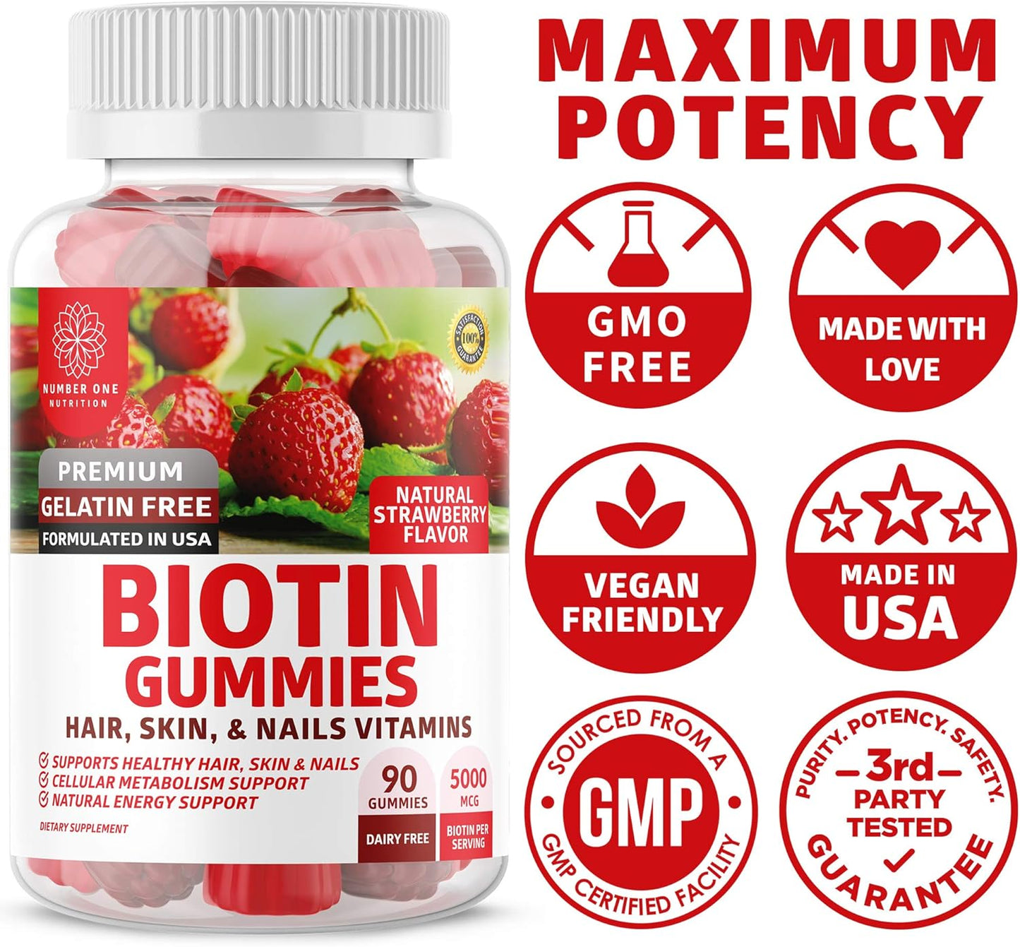 High Potency Biotin Gummies 5000mcg - 90 Gummies for Healthy Hair, Skin, and Nails - Vegan and Non-GMO