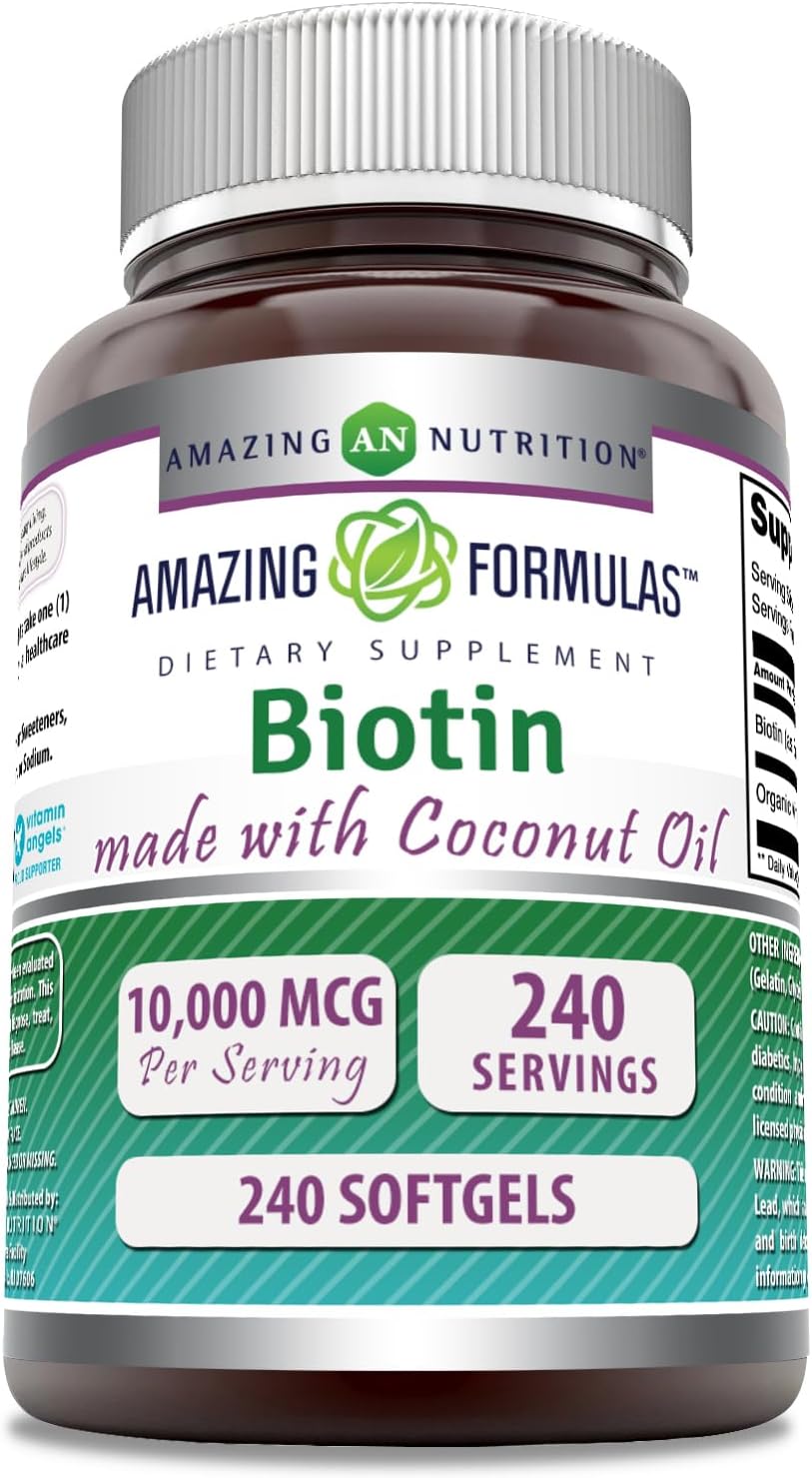High Potency Biotin Supplement with Organic Coconut Oil | 10000 Mcg Softgels | Non-GMO, Gluten-Free | Made in USA | 1 Pack, 240 Count