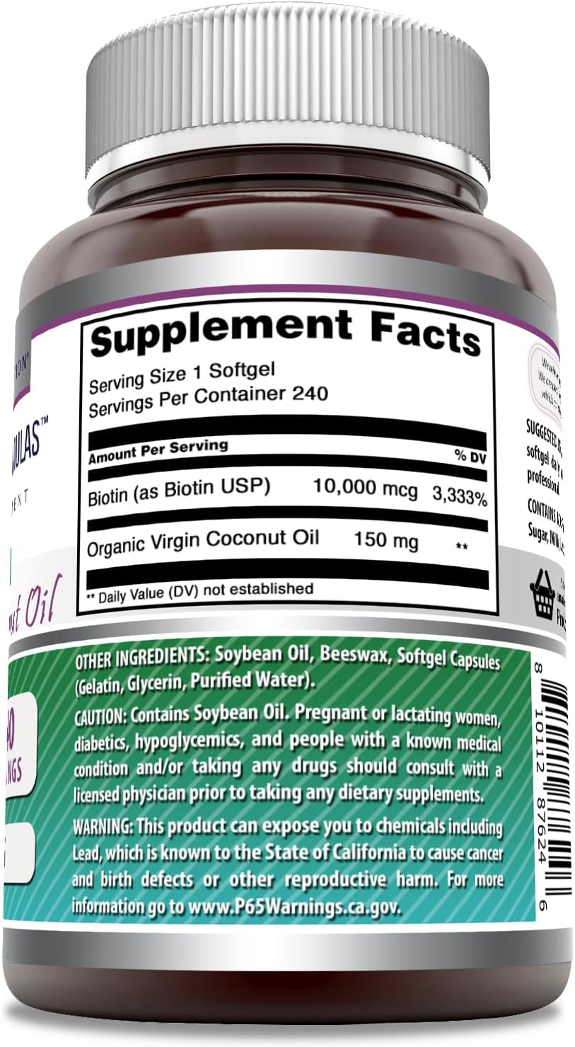 High Potency Biotin Supplement with Organic Coconut Oil | 10000 Mcg Softgels | Non-GMO, Gluten-Free | Made in USA | 1 Pack, 240 Count