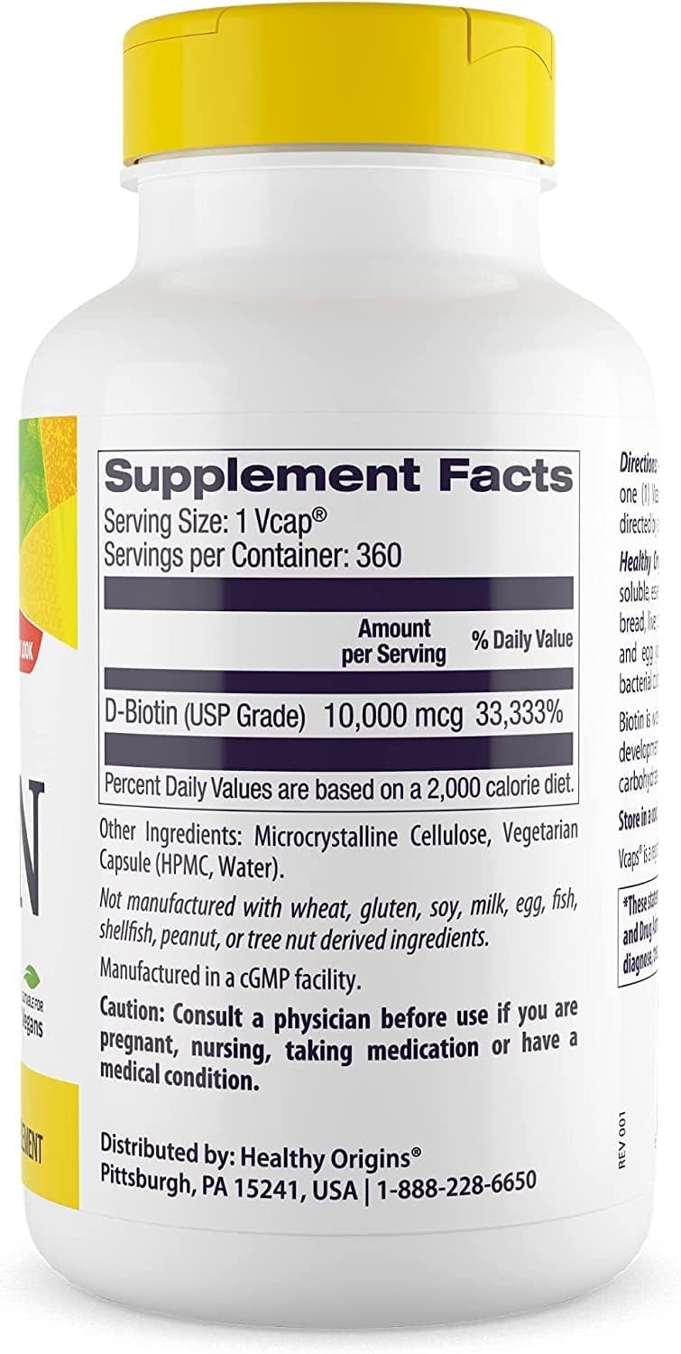 High-Potency Biotin (Vitamin B7) 10,000 mcg Capsules - Supports Skin, Hair, Nails - Non-GMO, Gluten-Free, Vegan - 360 ct.