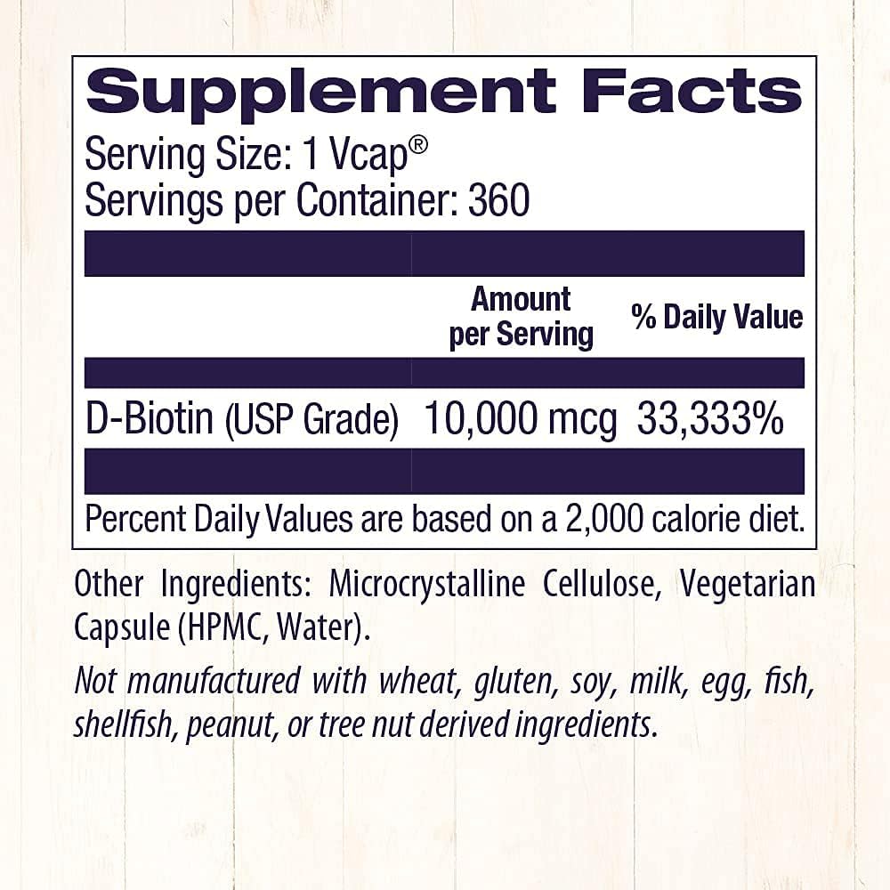High-Potency Biotin (Vitamin B7) 10,000 mcg Capsules - Supports Skin, Hair, Nails - Non-GMO, Gluten-Free, Vegan - 360 ct.