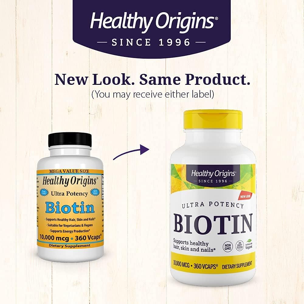 High-Potency Biotin (Vitamin B7) 10,000 mcg Capsules - Supports Skin, Hair, Nails - Non-GMO, Gluten-Free, Vegan - 360 ct.