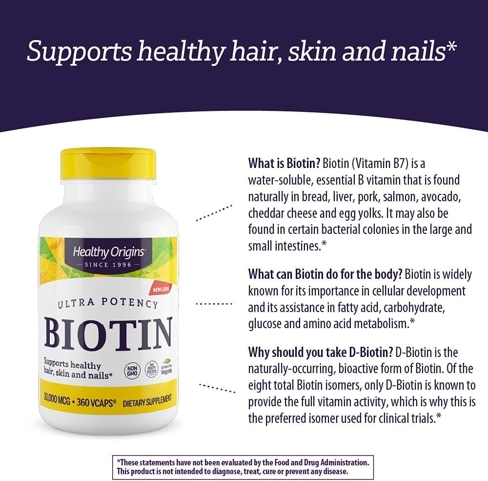 High-Potency Biotin (Vitamin B7) 10,000 mcg Capsules - Supports Skin, Hair, Nails - Non-GMO, Gluten-Free, Vegan - 360 ct.
