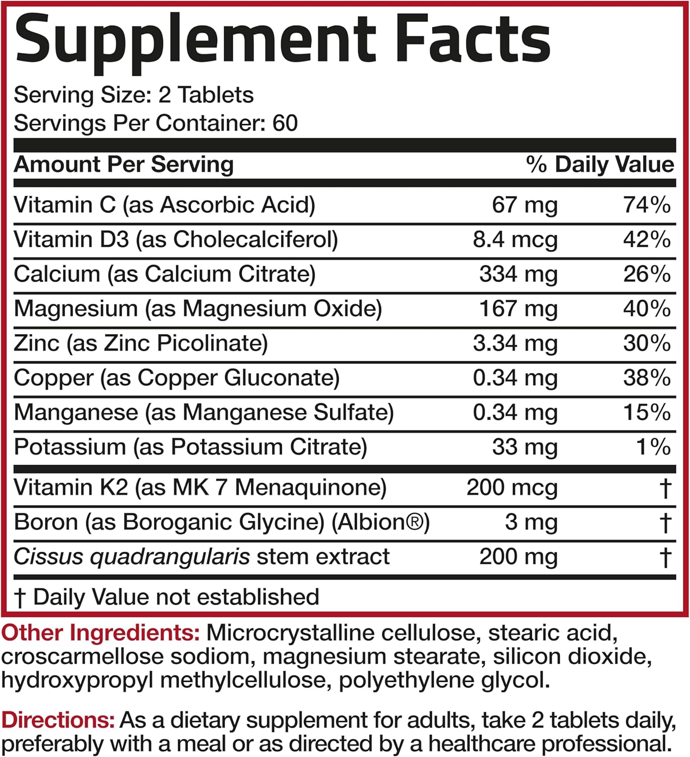 High Potency Bone Health & Strength Complex with Vitamin K2, Calcium, Boron, Cissus Quadrangularis, Magnesium, Vitamin D3 - Non-GMO, 120 Tablets