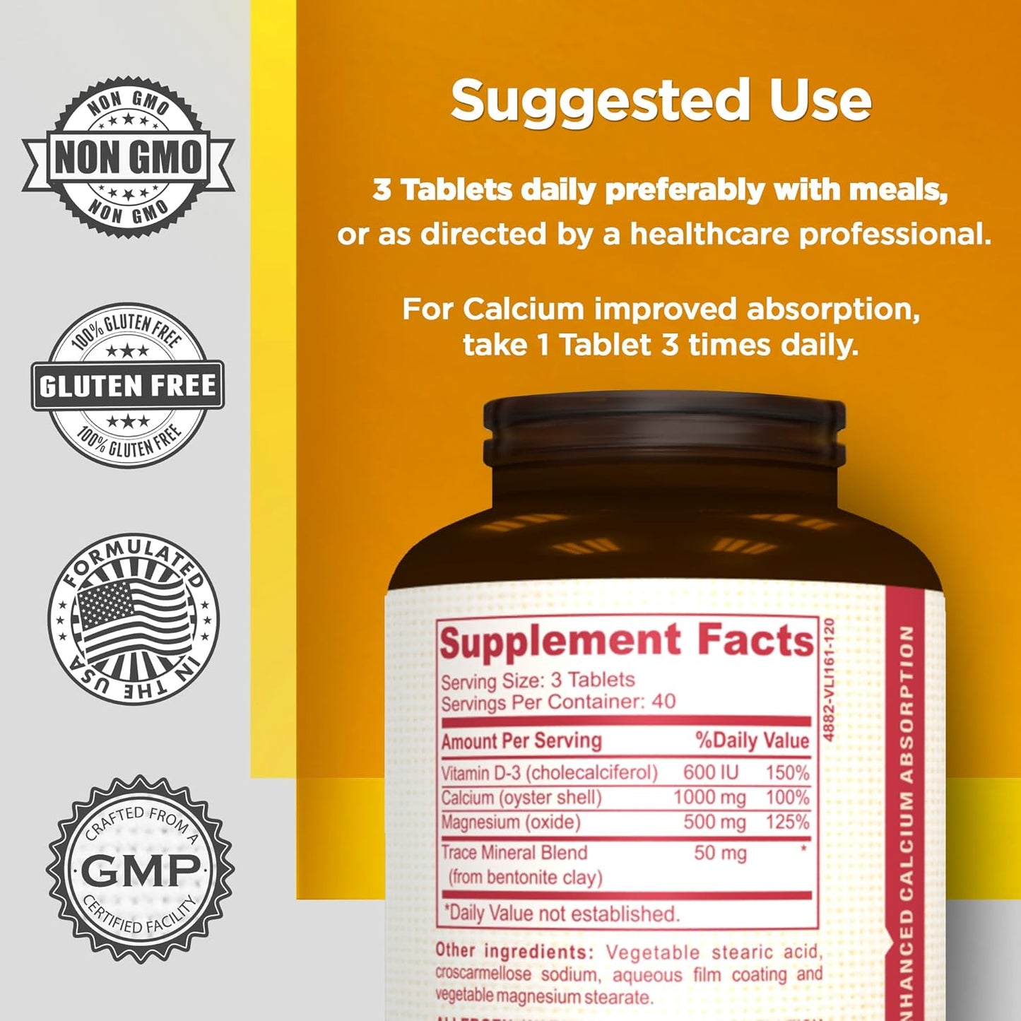 High-Potency Bone Health Supplement with Calcium, Magnesium, and Vitamin D for Men and Women - 120 Count Bottle