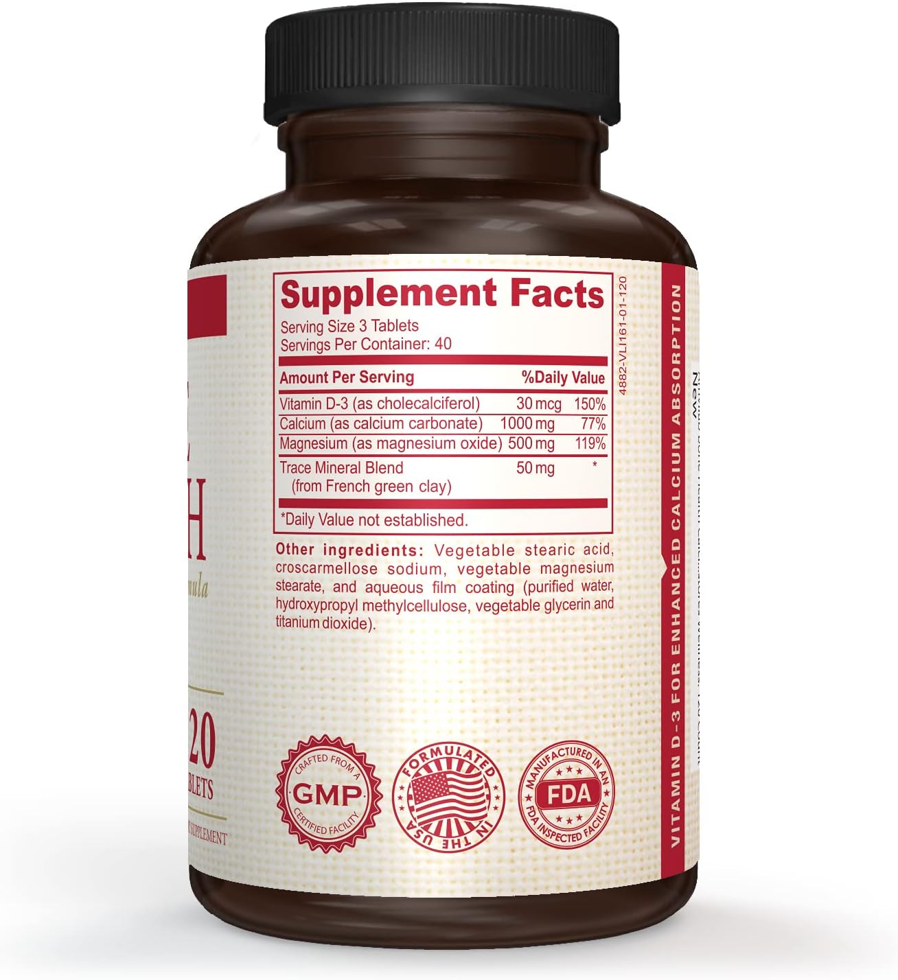 High-Potency Bone Health Supplement with Calcium, Magnesium, and Vitamin D for Men and Women - 120 Count Bottle
