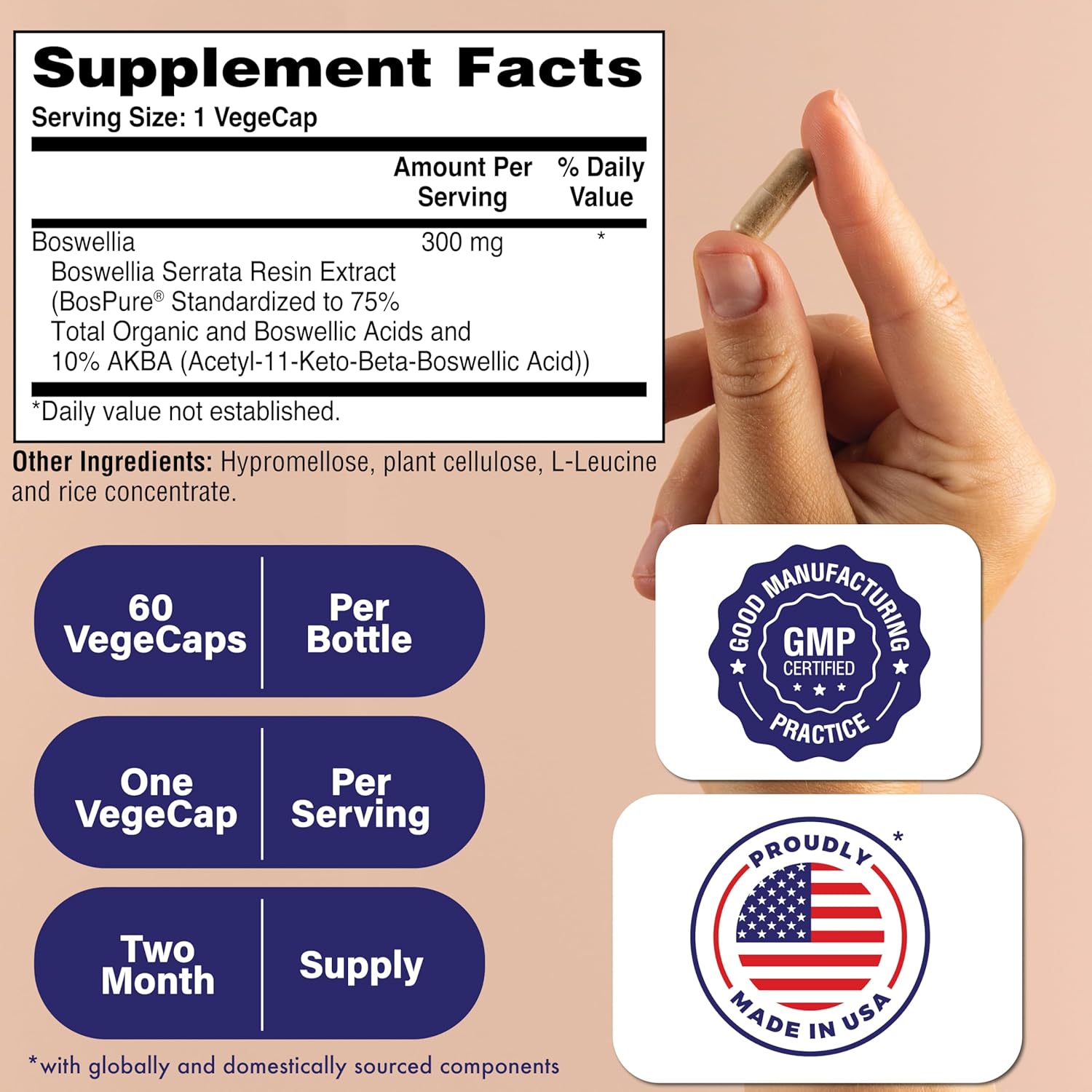 High Potency Boswellia 300mg Capsules with Bospure AKBAMAX for Healthy Inflammatory Support | Vegan Certified, Non-GMO | Gluten & Soy Free