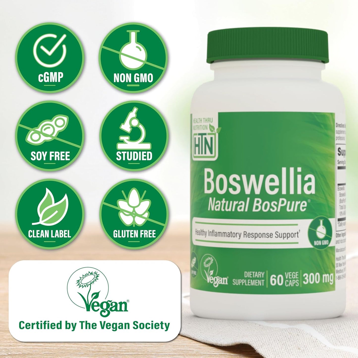 High Potency Boswellia 300mg Capsules with Bospure AKBAMAX for Healthy Inflammatory Support | Vegan Certified, Non-GMO | Gluten & Soy Free