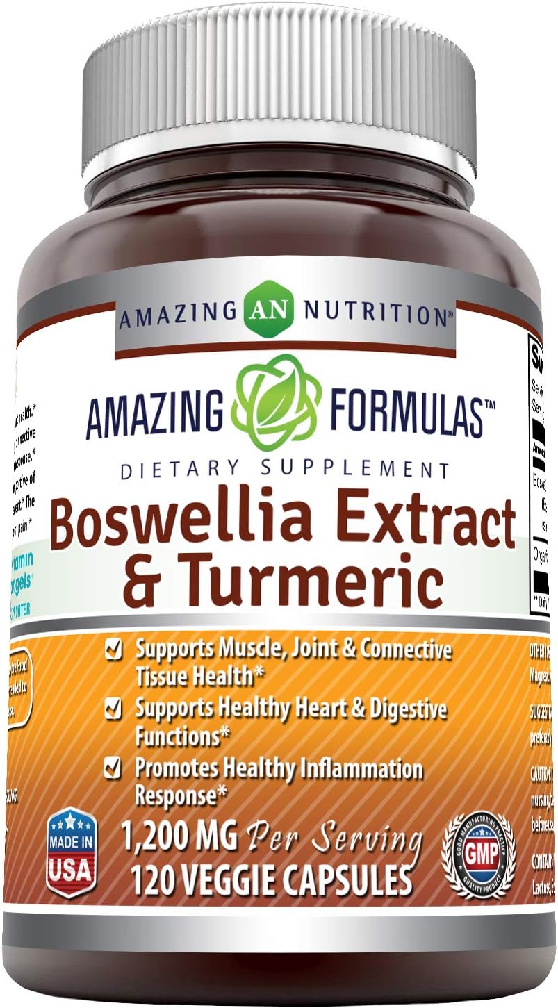 High Potency Boswellia Extract & Turmeric Supplement - 1200mg Per Serving - Veggie Capsules - Non-GMO - Gluten Free - Made in USA - Vegetarian Friendly - 120 Count
