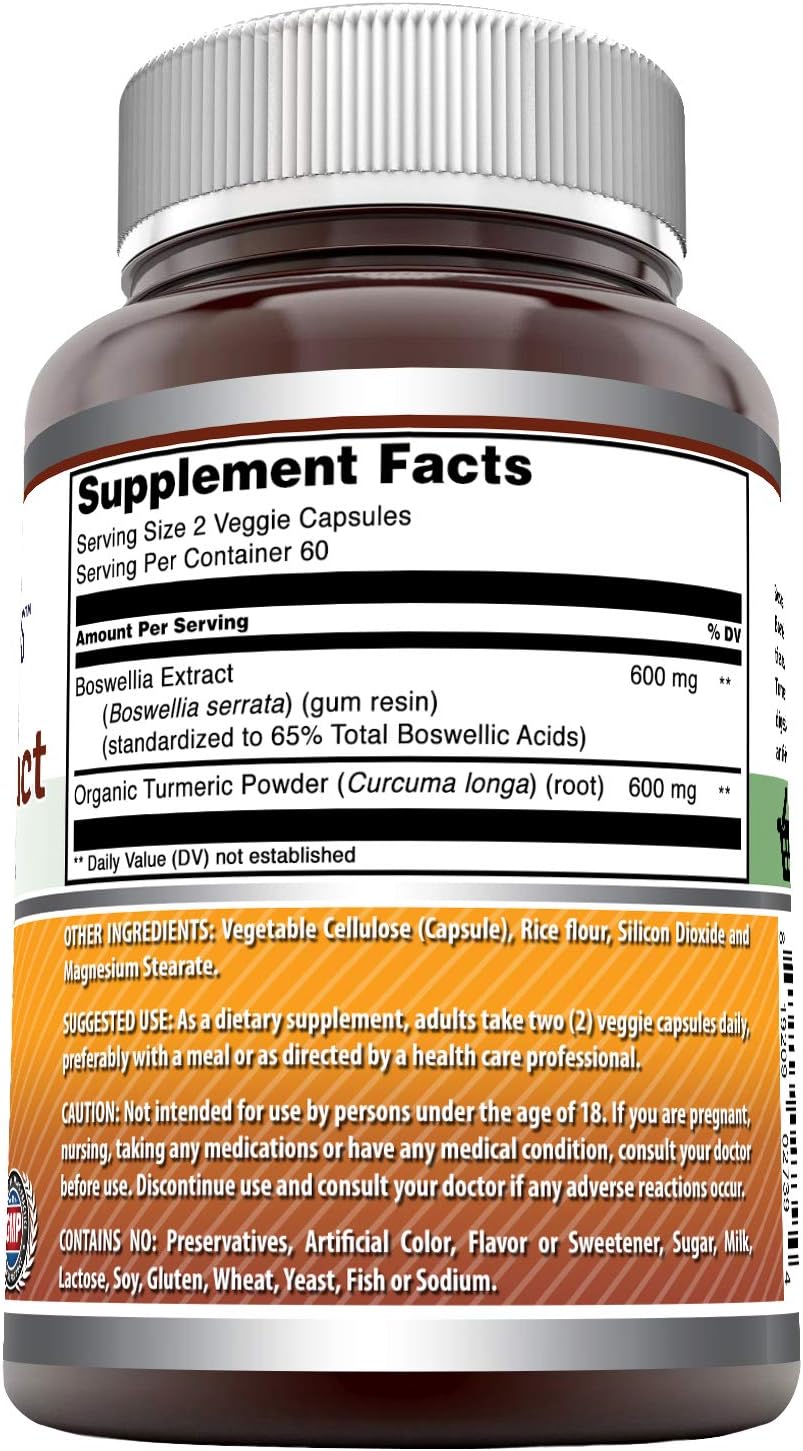 High Potency Boswellia Extract & Turmeric Supplement - 1200mg Per Serving - Veggie Capsules - Non-GMO - Gluten Free - Made in USA - Vegetarian Friendly - 120 Count