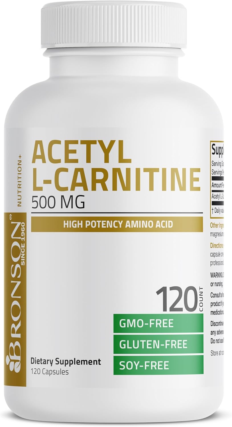 High Potency Bronson Acetyl L-Carnitine 500 MG Amino Acid Supplement - Non-GMO, 120 Capsules