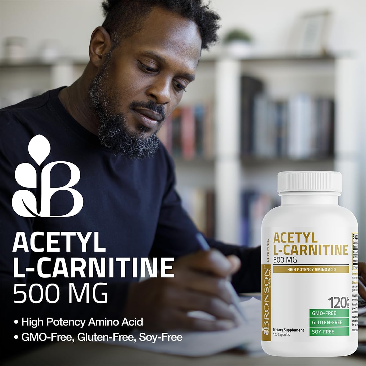 High Potency Bronson Acetyl L-Carnitine 500 MG Amino Acid Supplement - Non-GMO, 120 Capsules