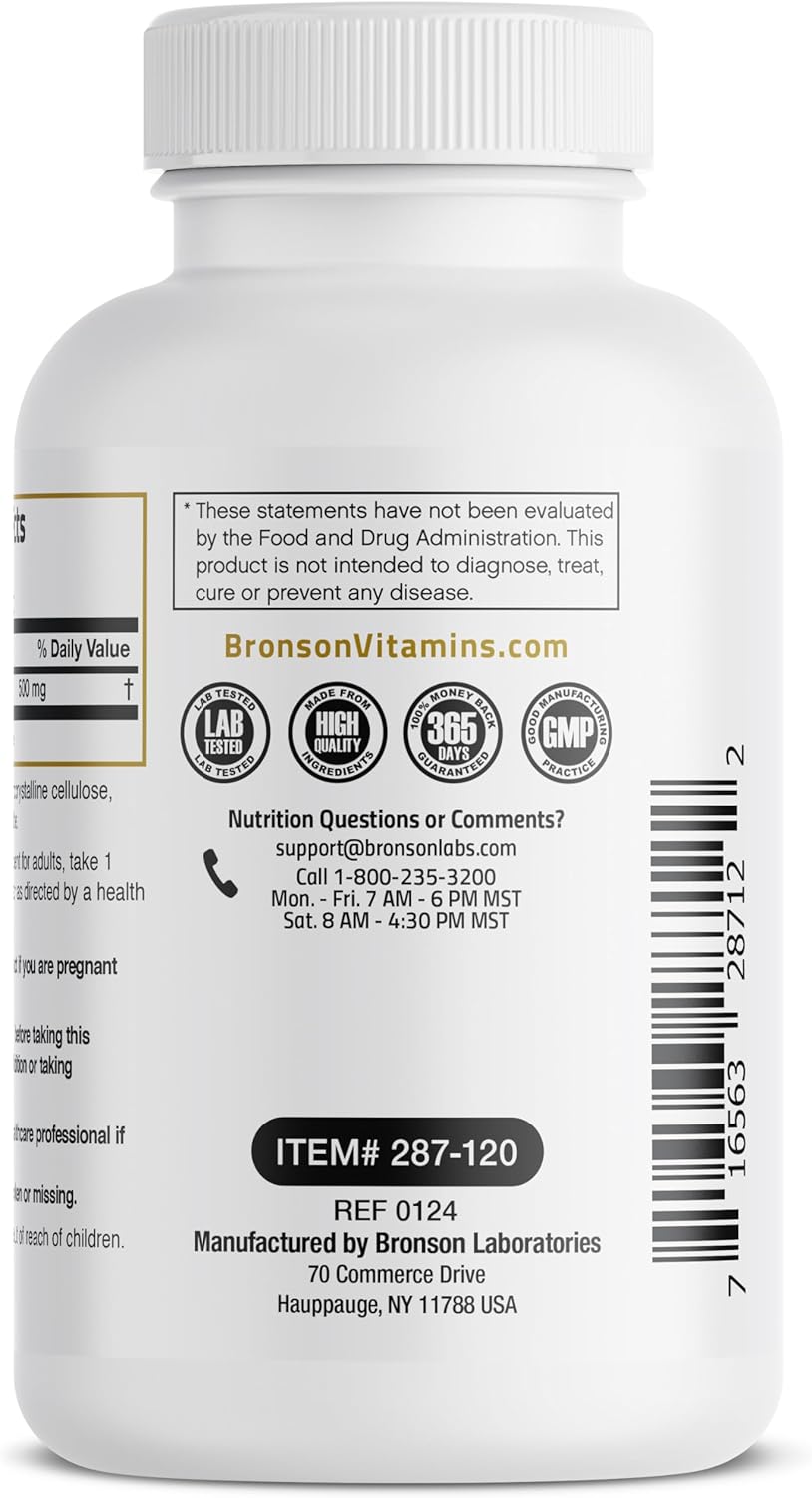 High Potency Bronson Acetyl L-Carnitine 500 MG Amino Acid Supplement - Non-GMO, 120 Capsules