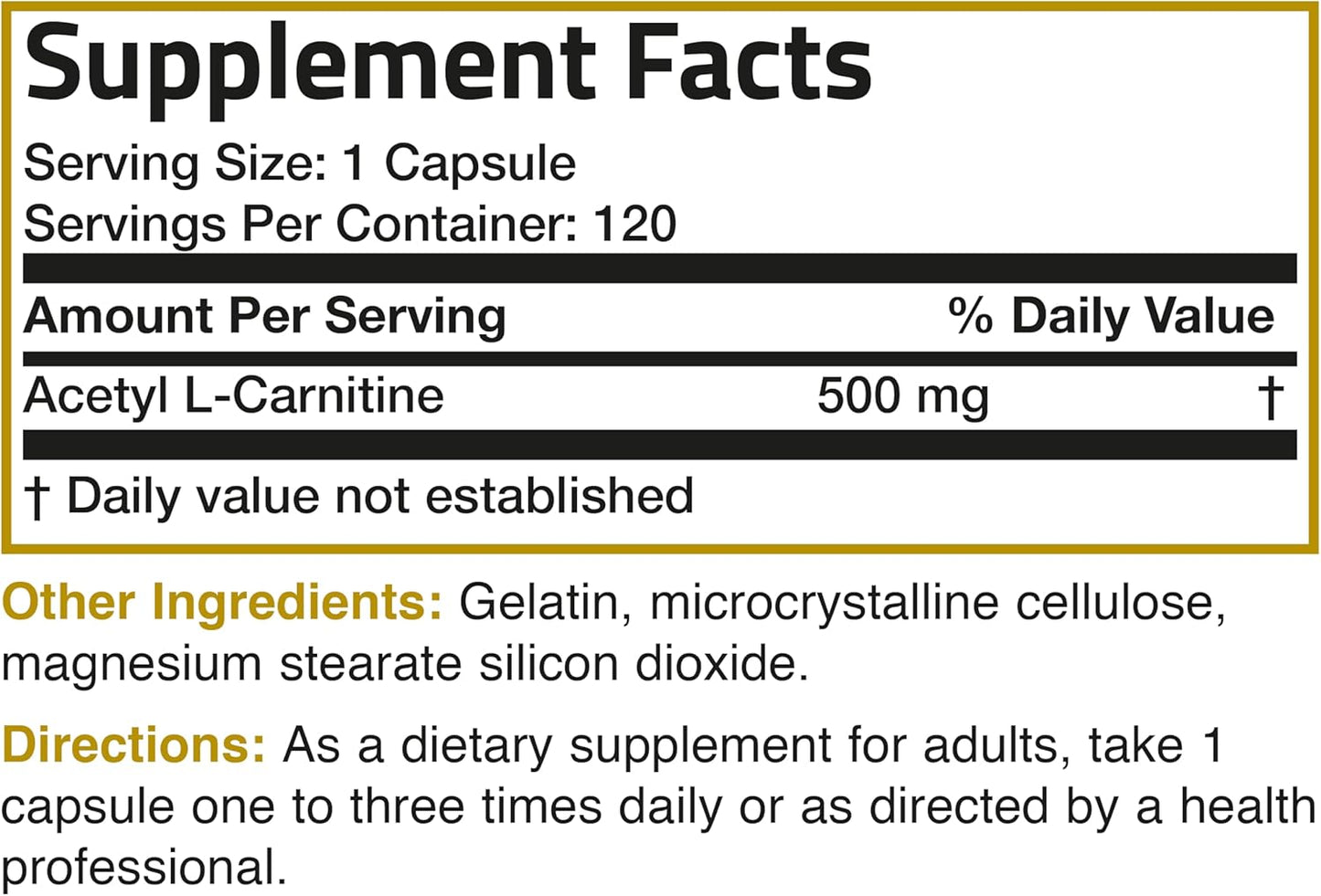 High Potency Bronson Acetyl L-Carnitine 500 MG Amino Acid Supplement - Non-GMO, 120 Capsules