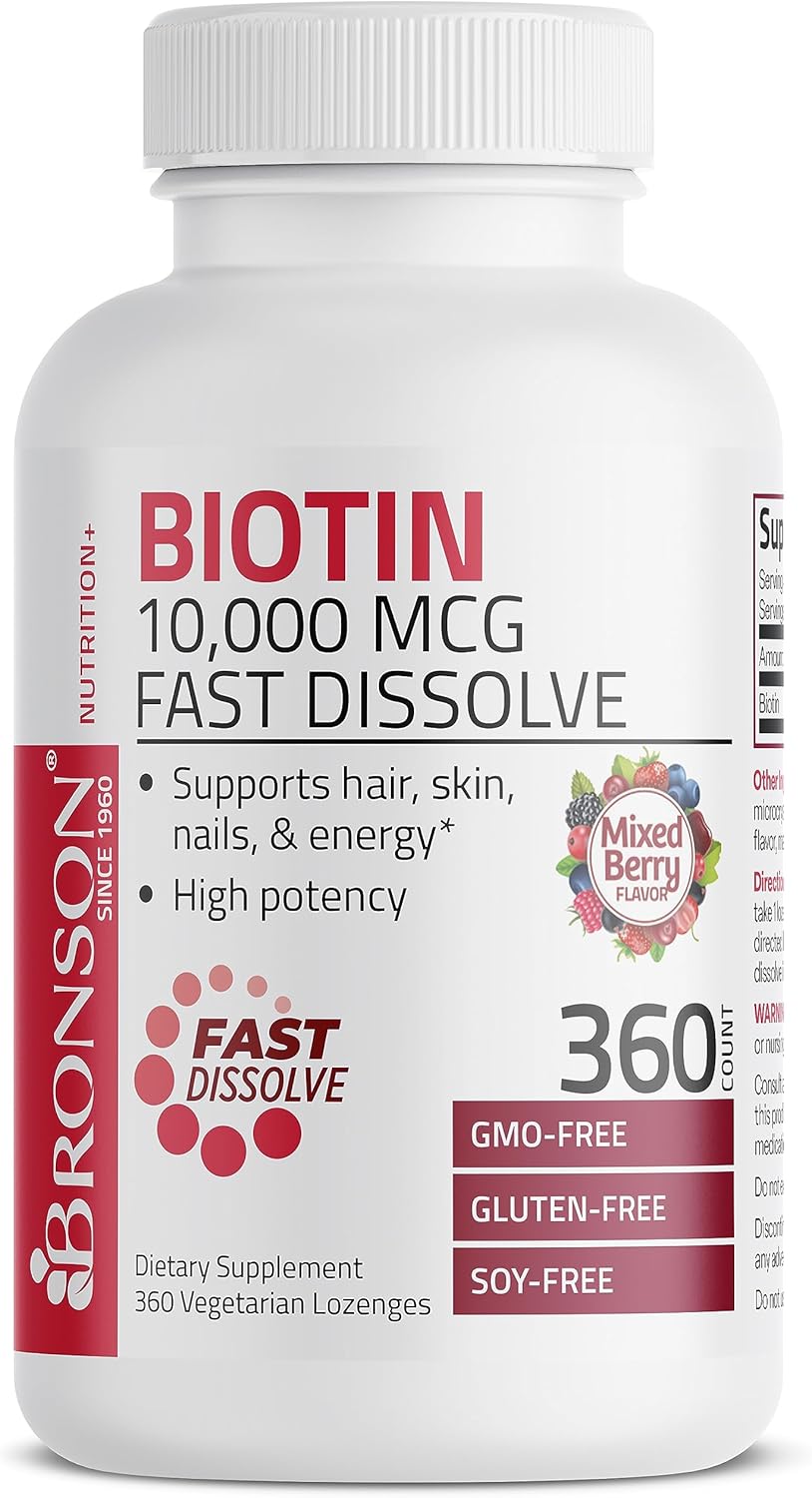 High Potency Bronson Biotin 10,000 MCG Lozenges - Fast Dissolve Mixed Berry Flavor - Supports Hair, Skin & Nails - Non-GMO - 360 Vegetarian Lozenges